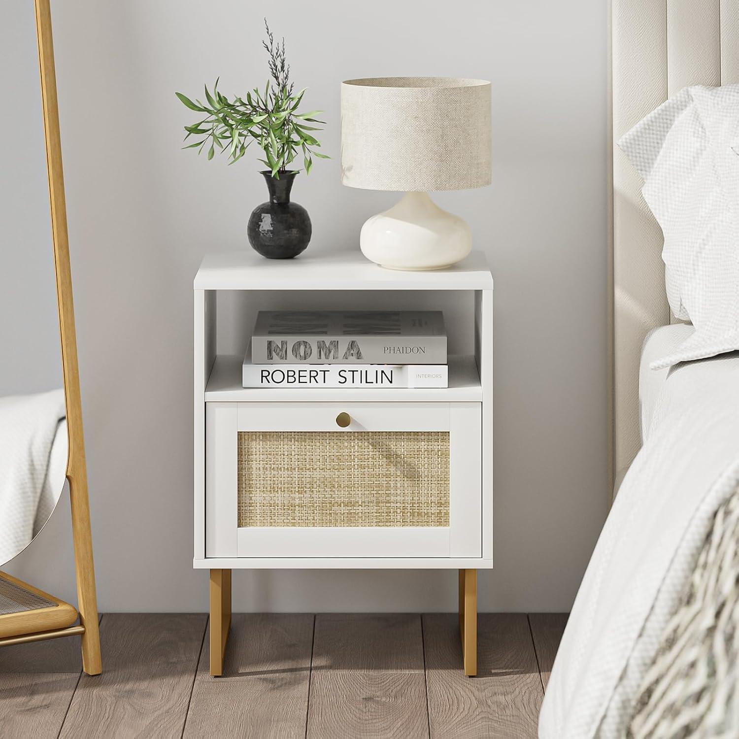 White and Gold Modern Rattan Nightstand with Drawer