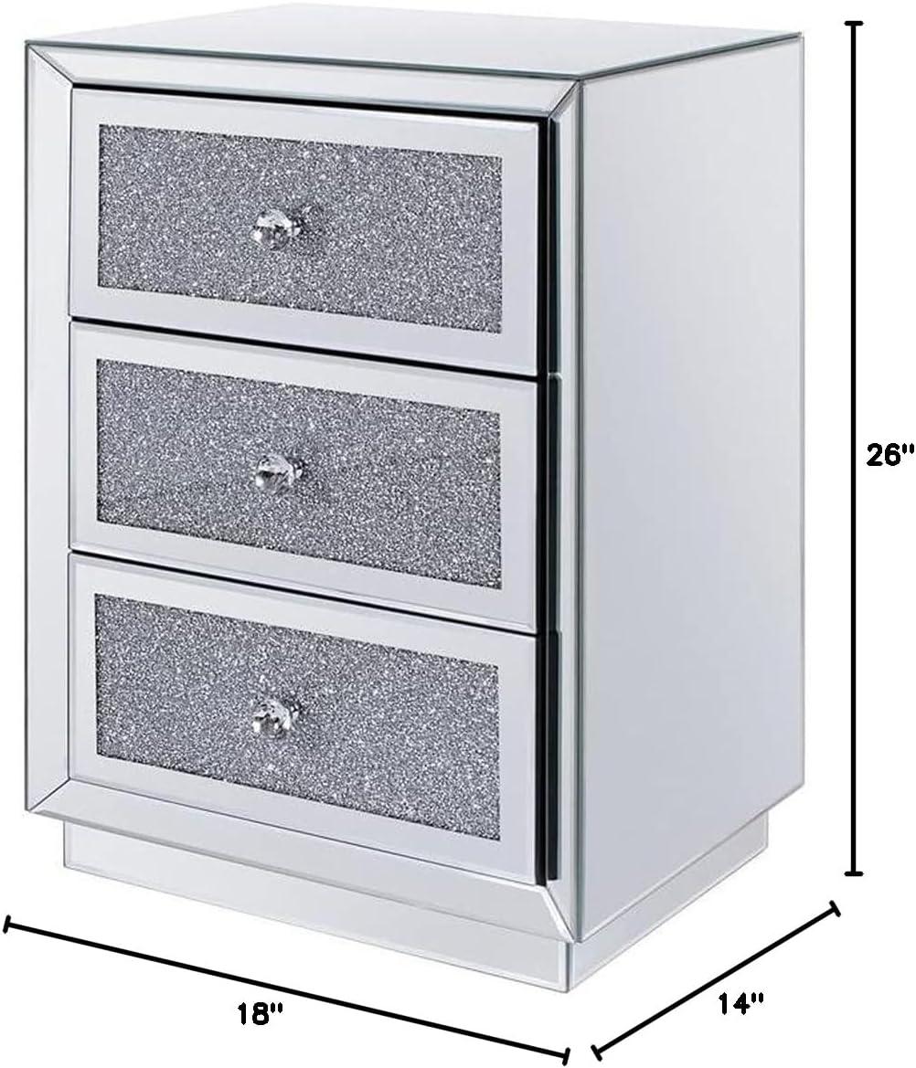 Three Drawers Wooden Nightstand with Mirrored Paneling and Faux Crystal Inlay, Clear- Saltoro Sherpi