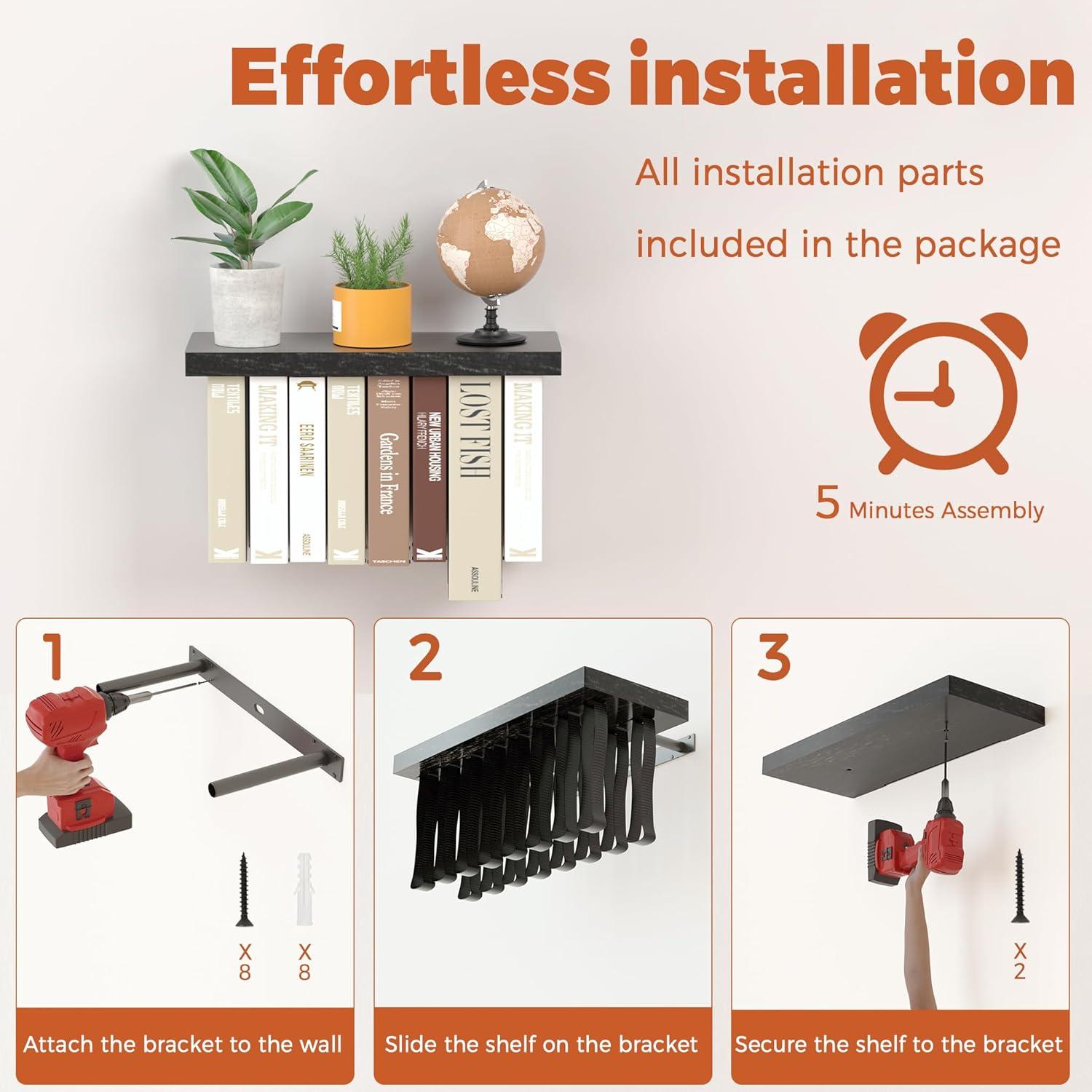 Floating Book Shelves for Wall Mounted Set of 2, Wood Hanging Bookshelf, Book Display Shelf for Wall, Unique Space Saving Book Shelf Wall Book Holder(Black)