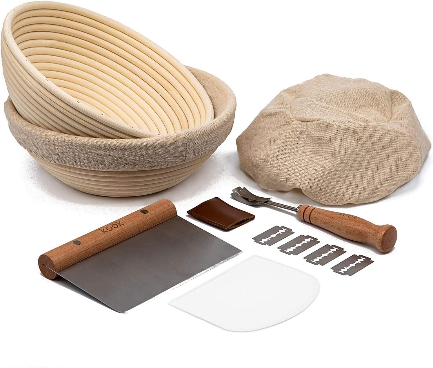 Kook Banneton Bread Proofing Basket Set with Bread Lame Scoring Tool & Dough Scraper