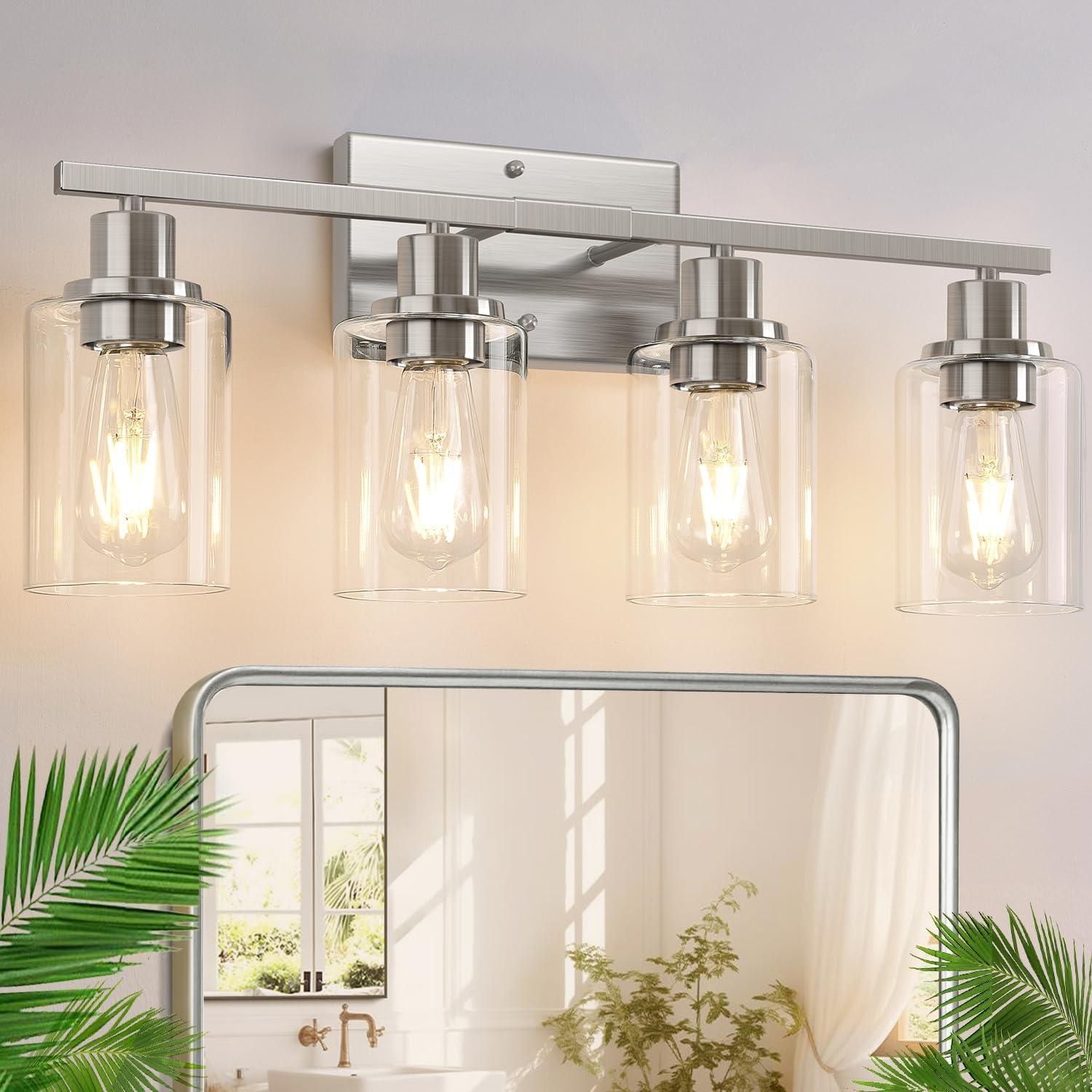 Brushed Nickel 4-Light Bathroom Vanity Fixture with Clear Glass Shades