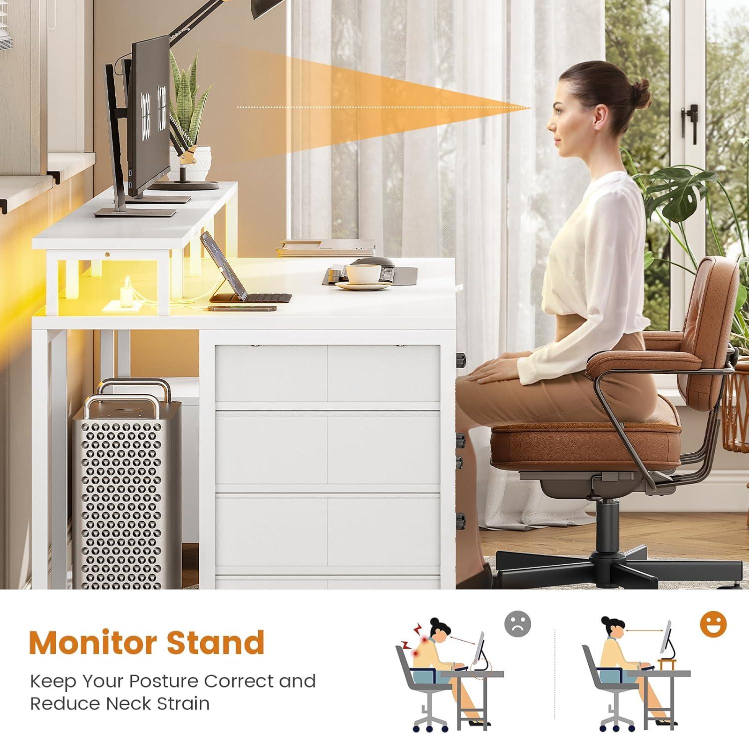 75 Inch Computer Desk with 5-Drawer Power Outlet & Led Lights, Home Office Desk with File Drawer, Storage Shelves, Printer Cabinet and Monitor Stand, Large Desktop Gaming Desk, White