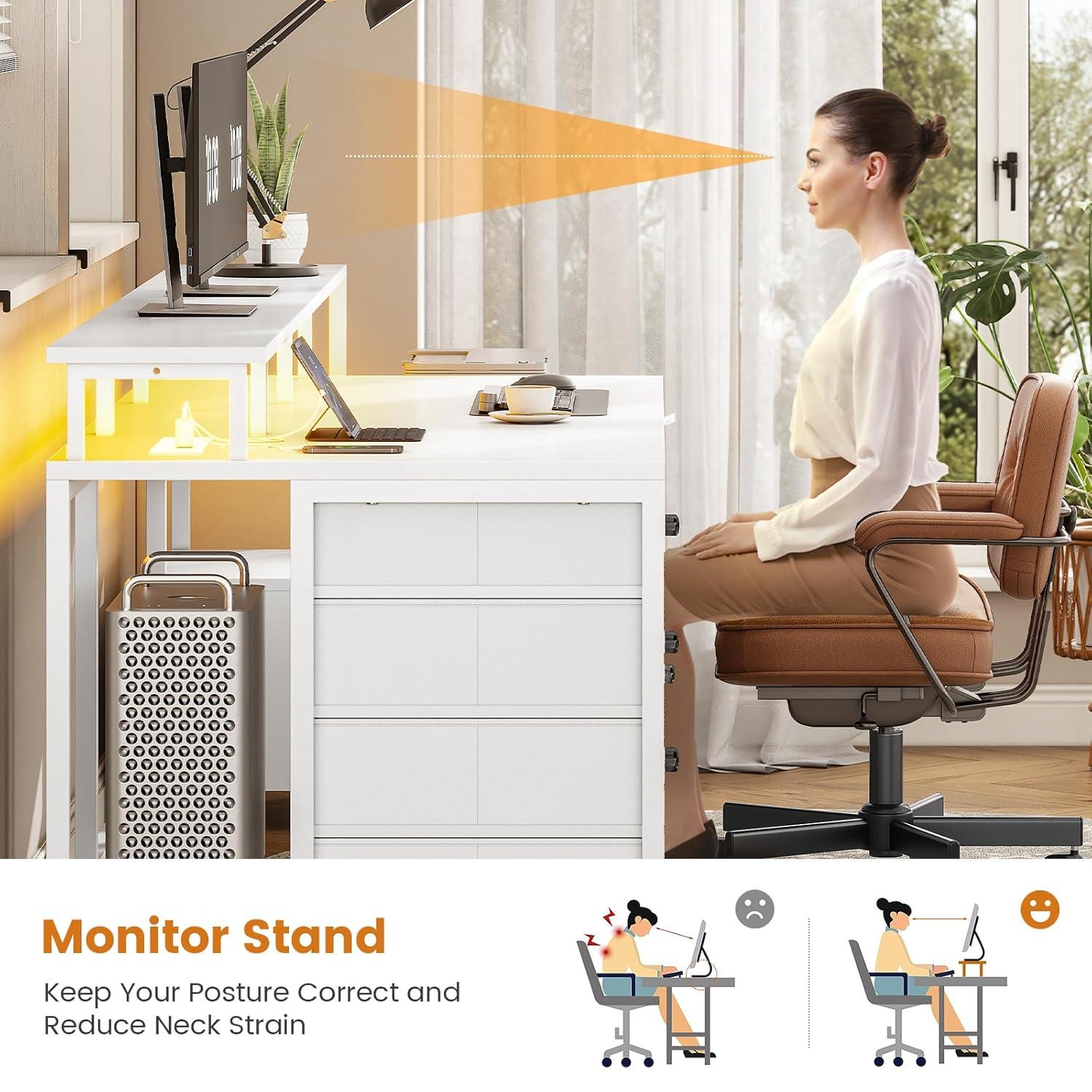 75 Inch Computer Desk with 5-Drawer Power Outlet & Led Lights, Home Office Desk with File Drawer, Storage Shelves, Printer Cabinet and Monitor Stand, Large Desktop Gaming Desk, White