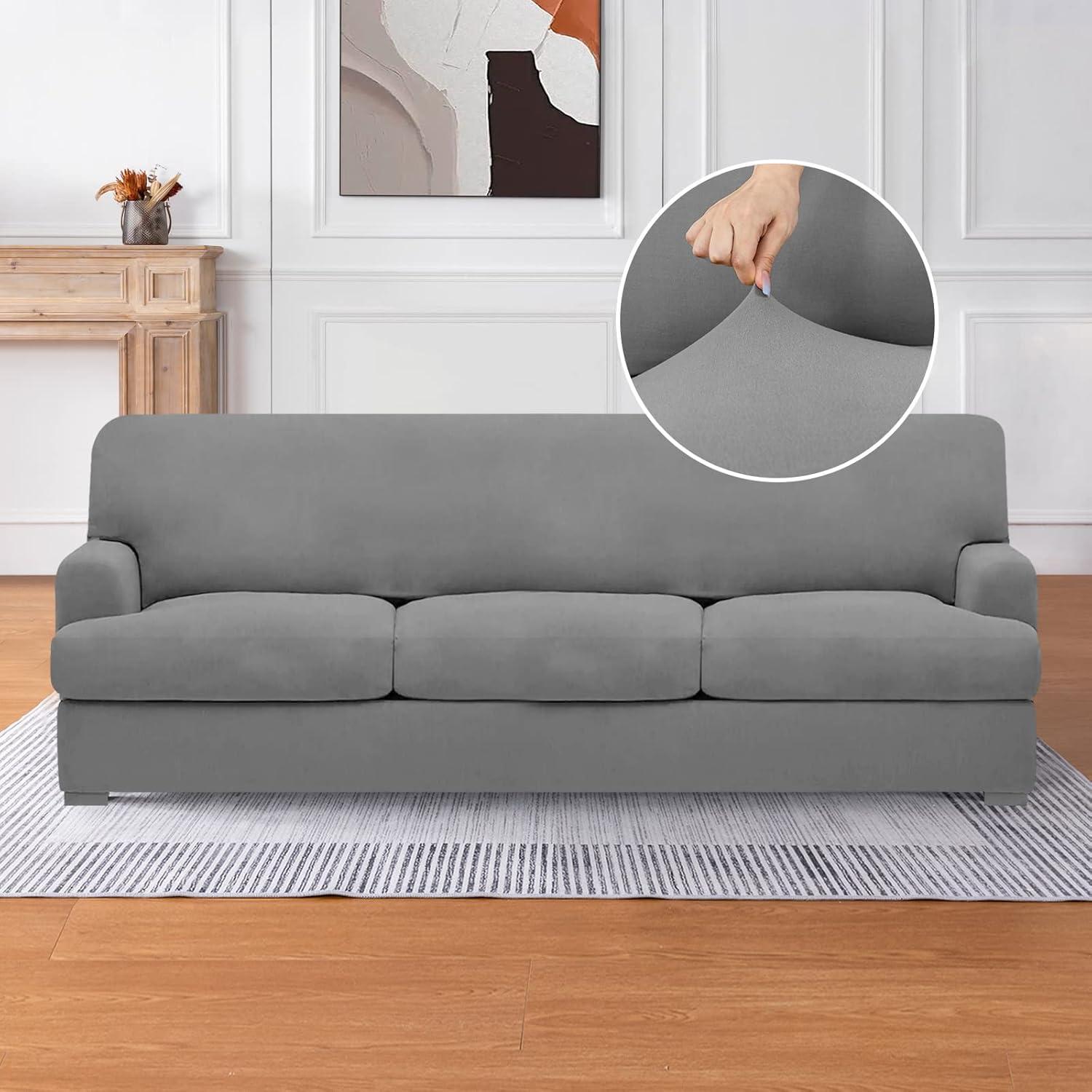 Light Grey Stretchable T Cushion Sofa Slipcover Set