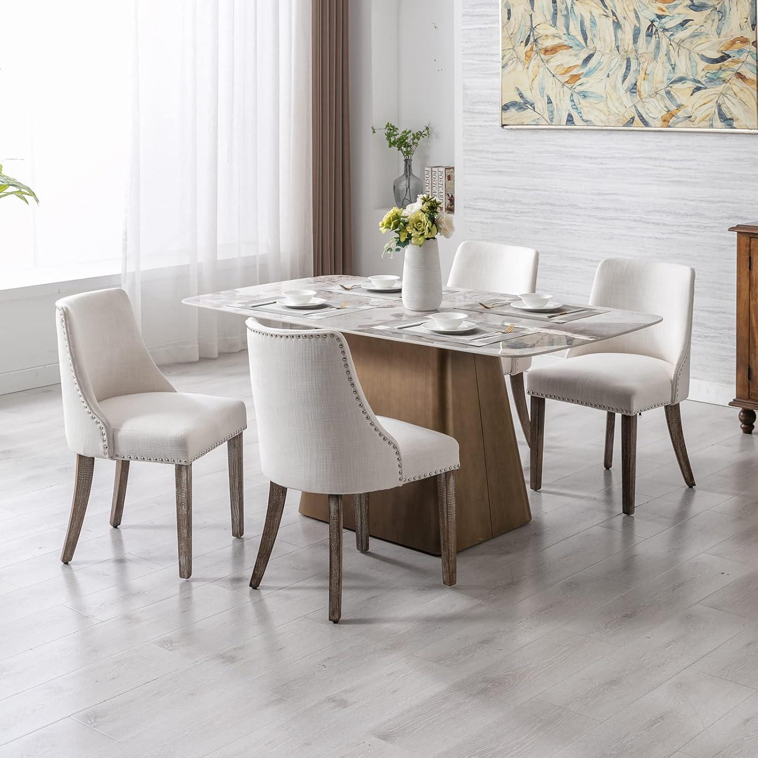 Guyou Dining Chairs Set of 2, Mid Century Modern Linen Upholstered Farmhouse Side Chairs with Nailhead and High Back for Kitchen Restaurant, Grey