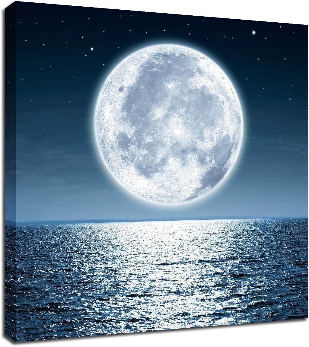 JEUXUS Moon Painting Canvas Wall Art - Moonrise On Sea Ocean Framed Pictures for Living Room Decorations  Home Office Modern Landscape Poster Nature Print Ready to Hang Bedroom Bathroom Artwork