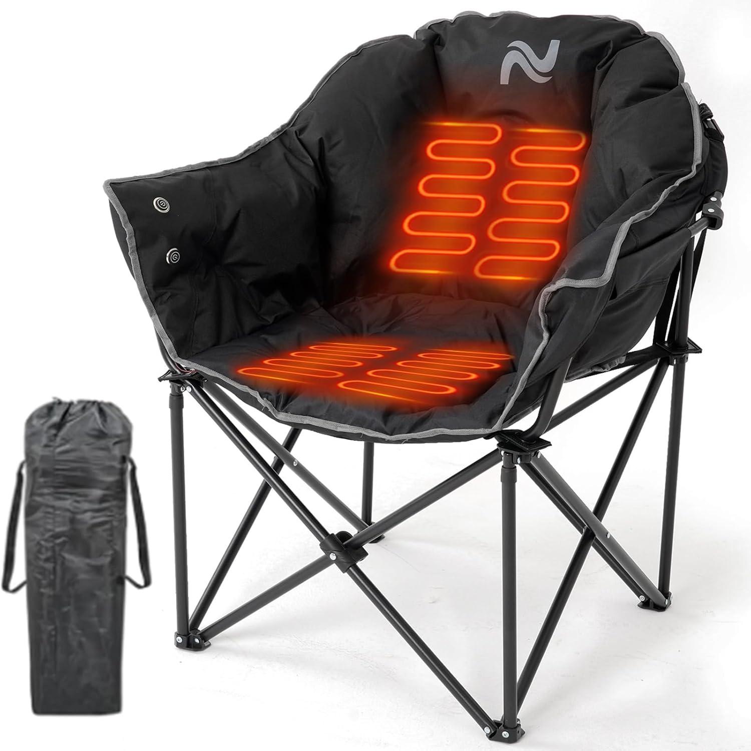 LILYPELLE Oversized Heated Camping Chair, Patio Lounge Chairs with 3 Heat Levels, Portable Folding Heated Chair Round Moon Saucer Folding Lawn Chair Outdoor Chair for Camping, Lounge Patio