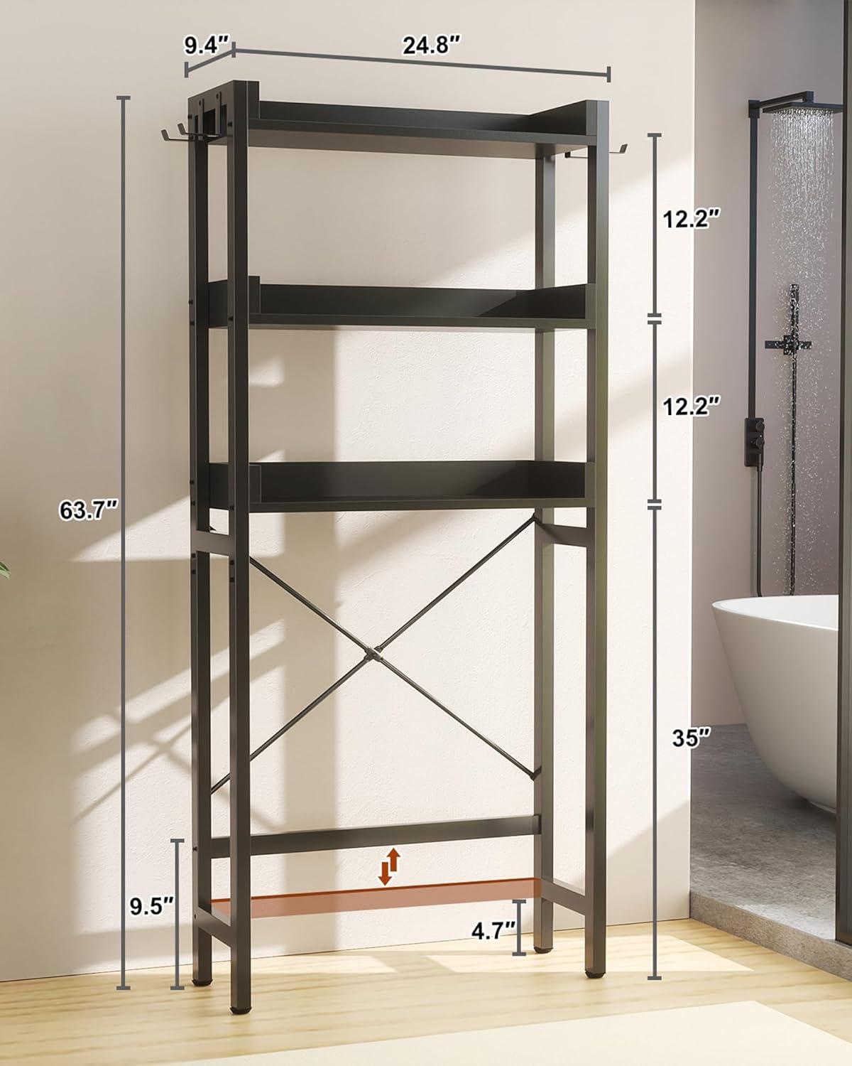 3-Tier Over The Toilet Storage, Space Saver Metal Bathroom Shelves, Freestanding Above Over Toilet Storage Shelf With 4 Hooks For Bathroom, Black