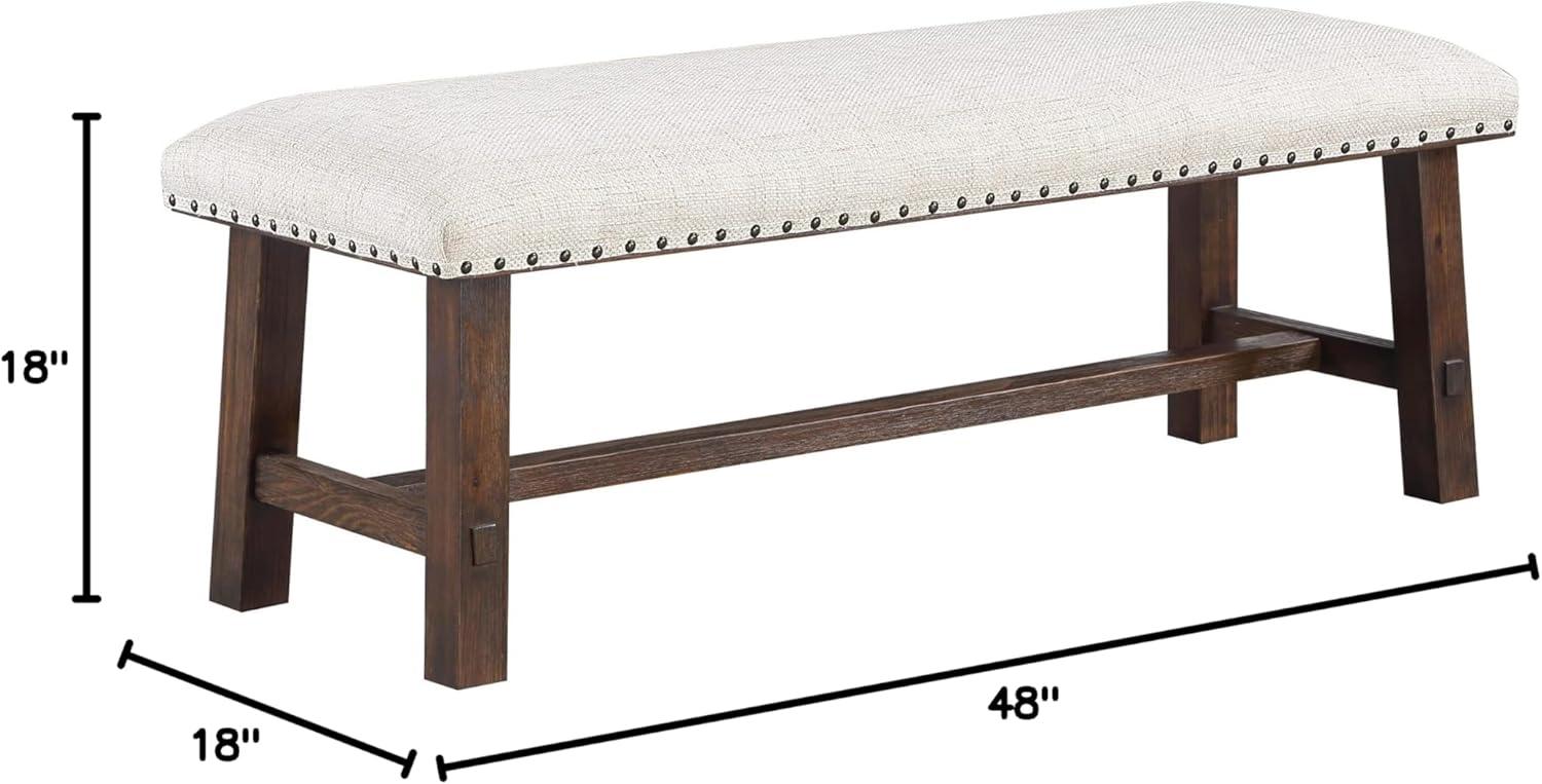 Dark Walnut and Linen Bench with Antique Bronze Nailhead Trim