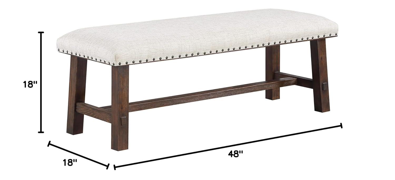 Callen Bench with Walnut Frame and Bronze Nailhead Trim in Linen White Fabric