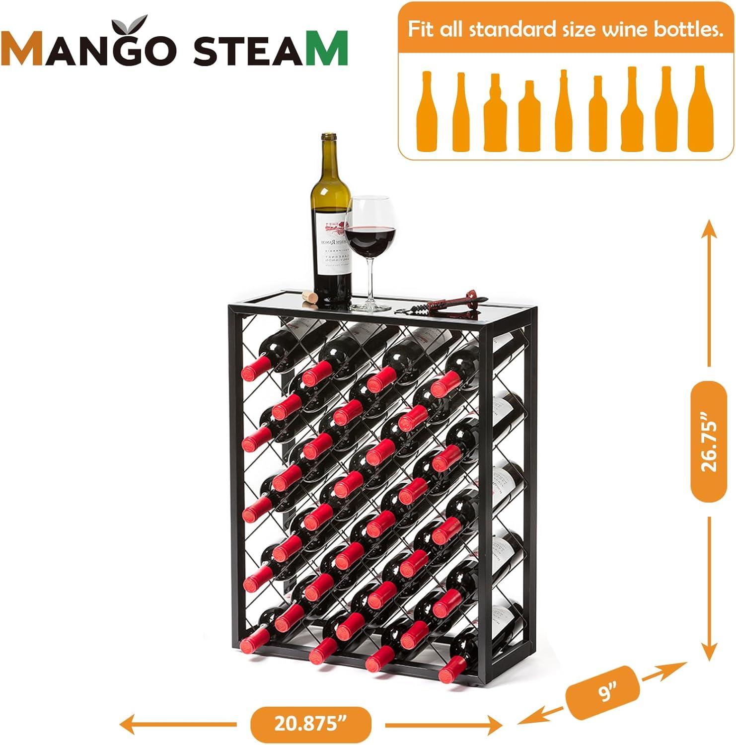 Mango Steam 32 Bottle Wine Rack with Black Glass Top Shelf, Free Standing for Home, Kitchen and Bar