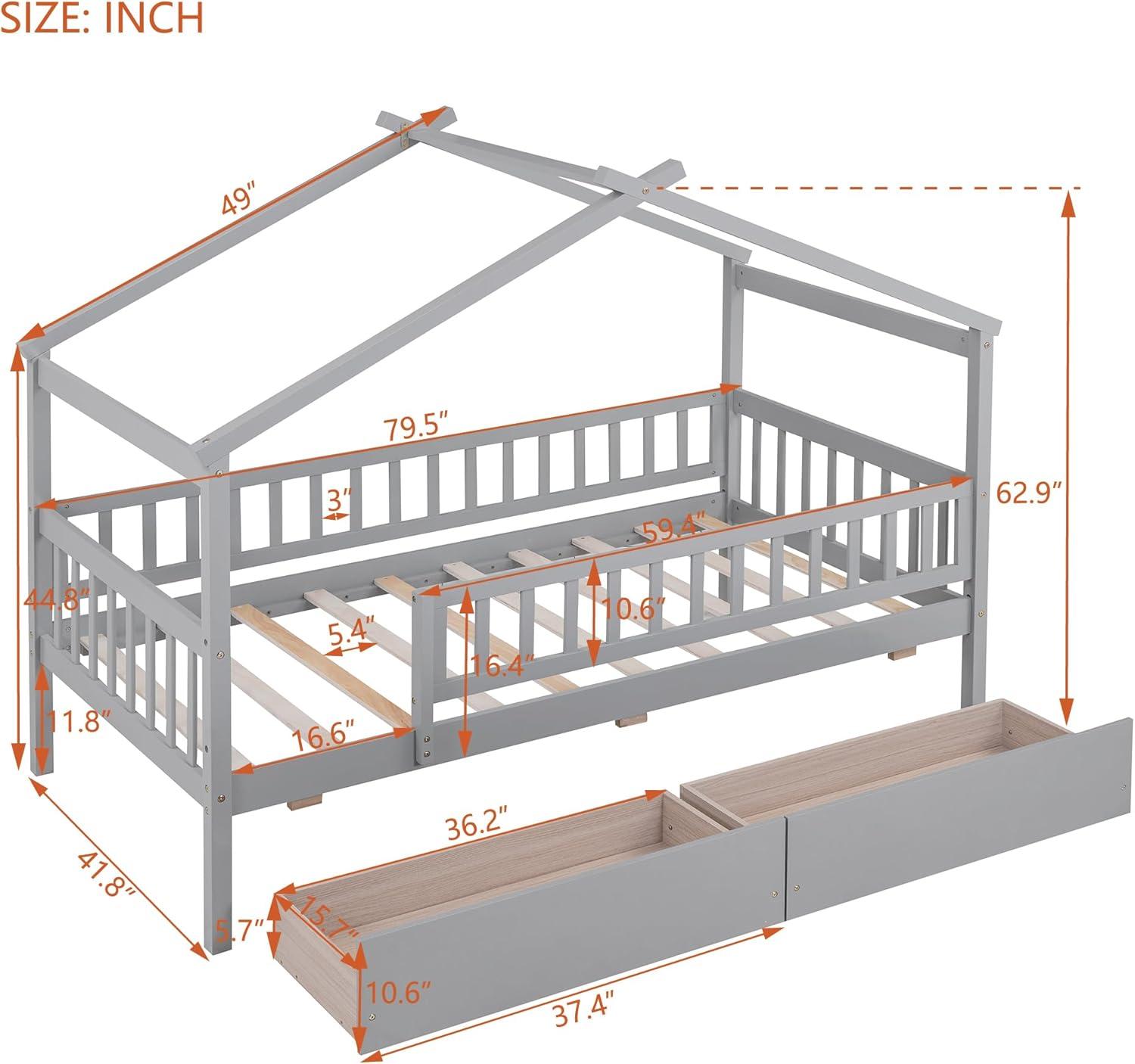 Twin House Bed with 2 Storage Drawers, Kids Twin Bed Frame with Rails and Roof, Tent Bed, Wooden Twin Daybed, Twin Montessori Bed for Kids Teens Girls & Boys, No Box Spring Needed (Gray)