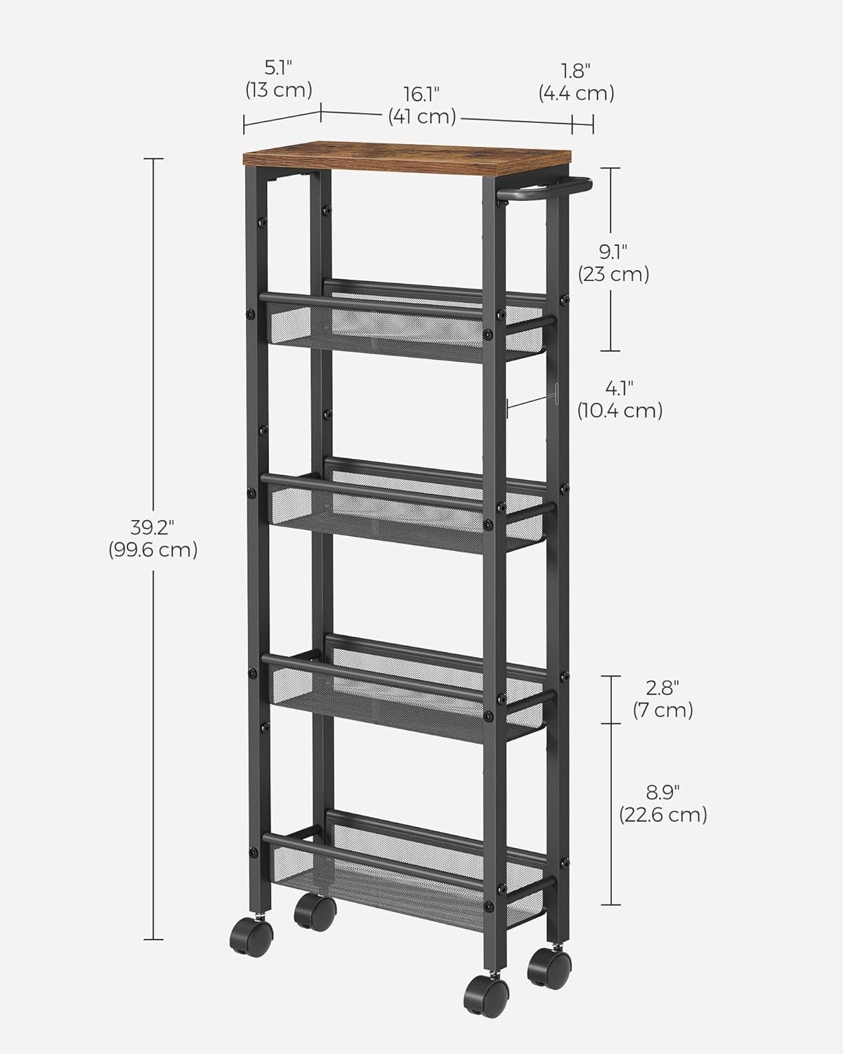 NANANARDOSO 4 Tier Slim Storage Cart, Shelving Unit for Small Space, Rolling Cart with Wooden Top and Metal Handle for Narrow Space on Kitchen, Bathroom, Laundry Room, Black.