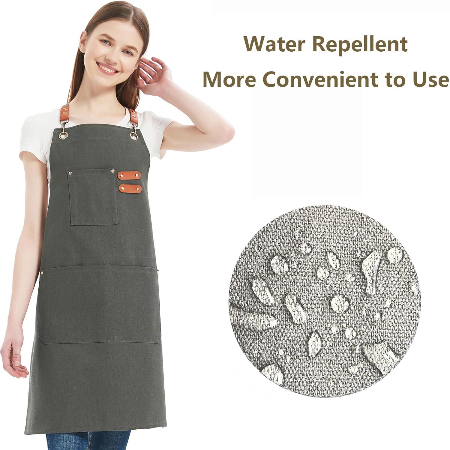 AFUN Chef Aprons for Men Women with Large Pockets, Cotton Canvas Cross Back Heavy Duty Adjustable Work Apron, Size M to XXL(Grey)