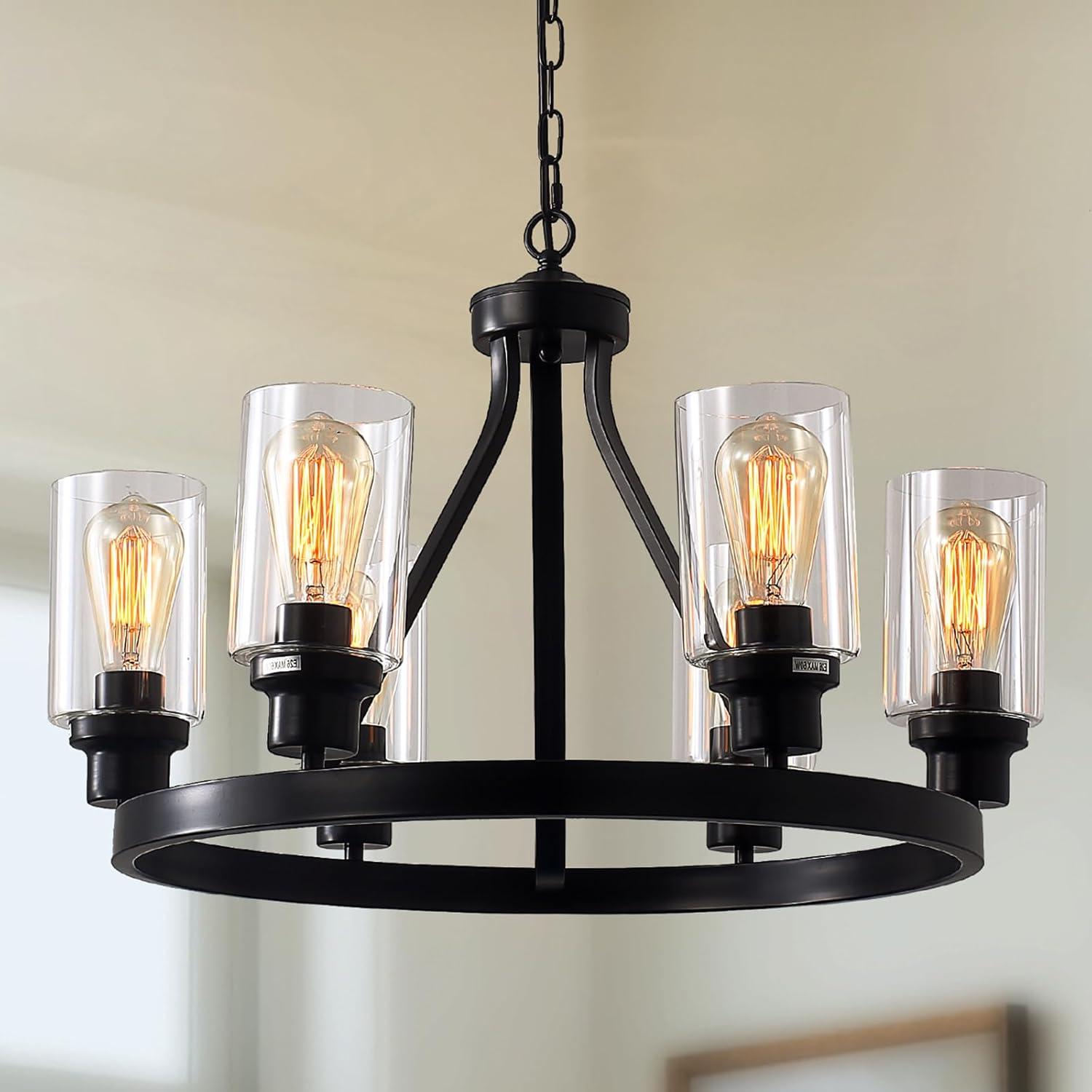 24'' Black Wagon Wheel Chandelier with Glass Shades