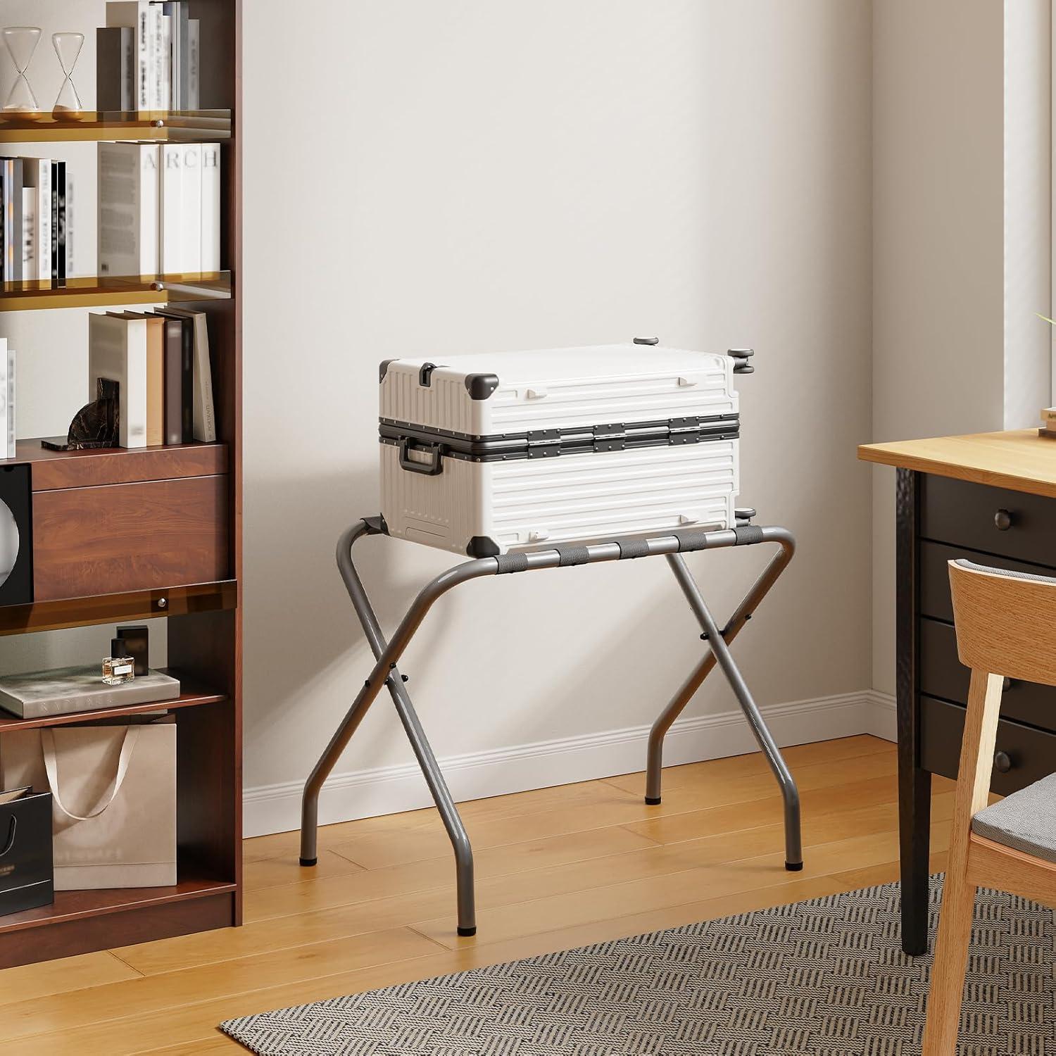 BINO 2-Pack Folding Luggage Rack Collapsible Metal Suitcase Stand With Durable Black Nylon Straps- For Bedroom, Guest Room, Or Hotel (Gray Steel)