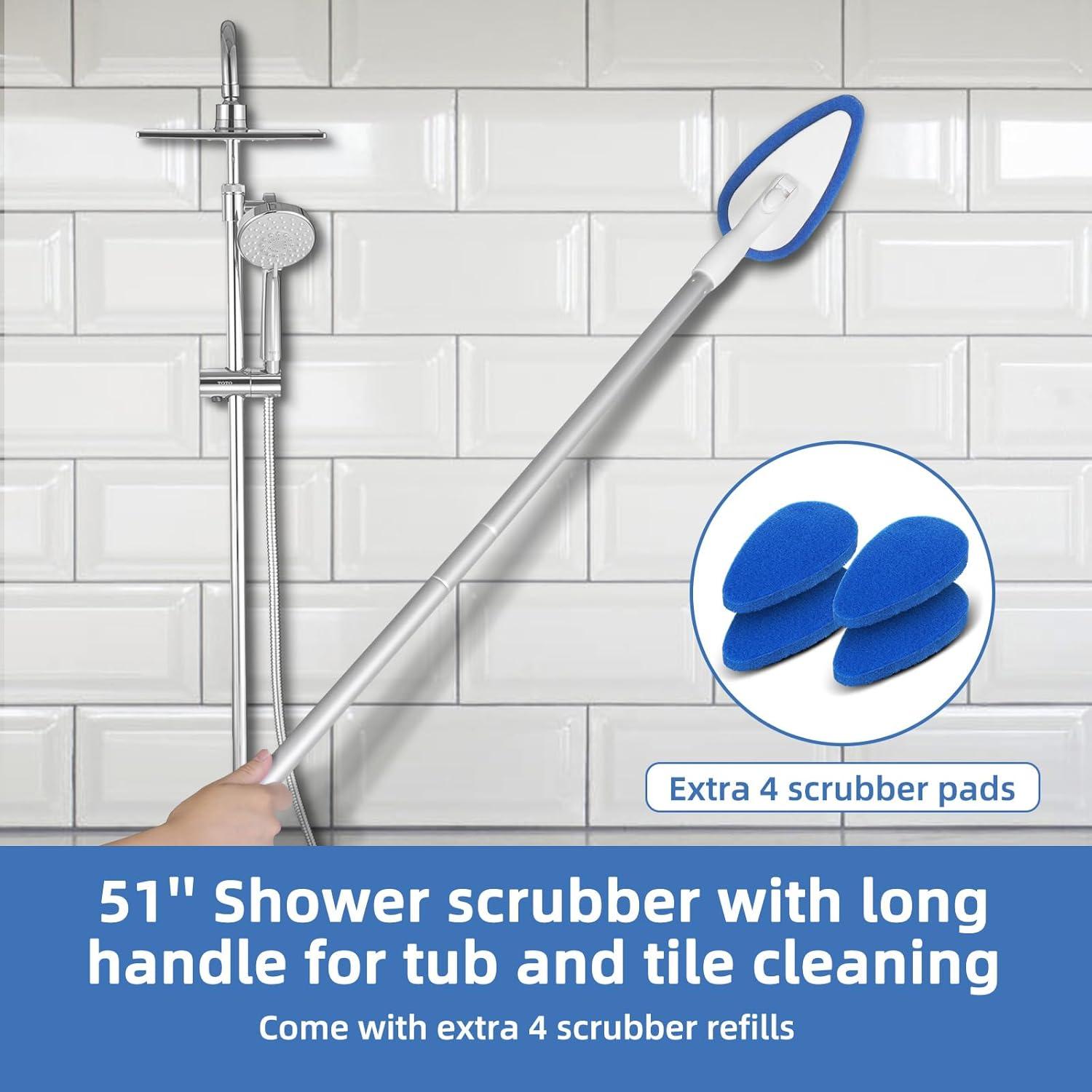 Shower Bathtub Tub Tile Scrubber Cleaning Brush with 51'' Handle, 5 Non-Scratch Scouring Pads, Adjustable Long Handled Scrub Brush for Cleaning Shower Bathroom Vessel Sinks Toilet Wall Floor