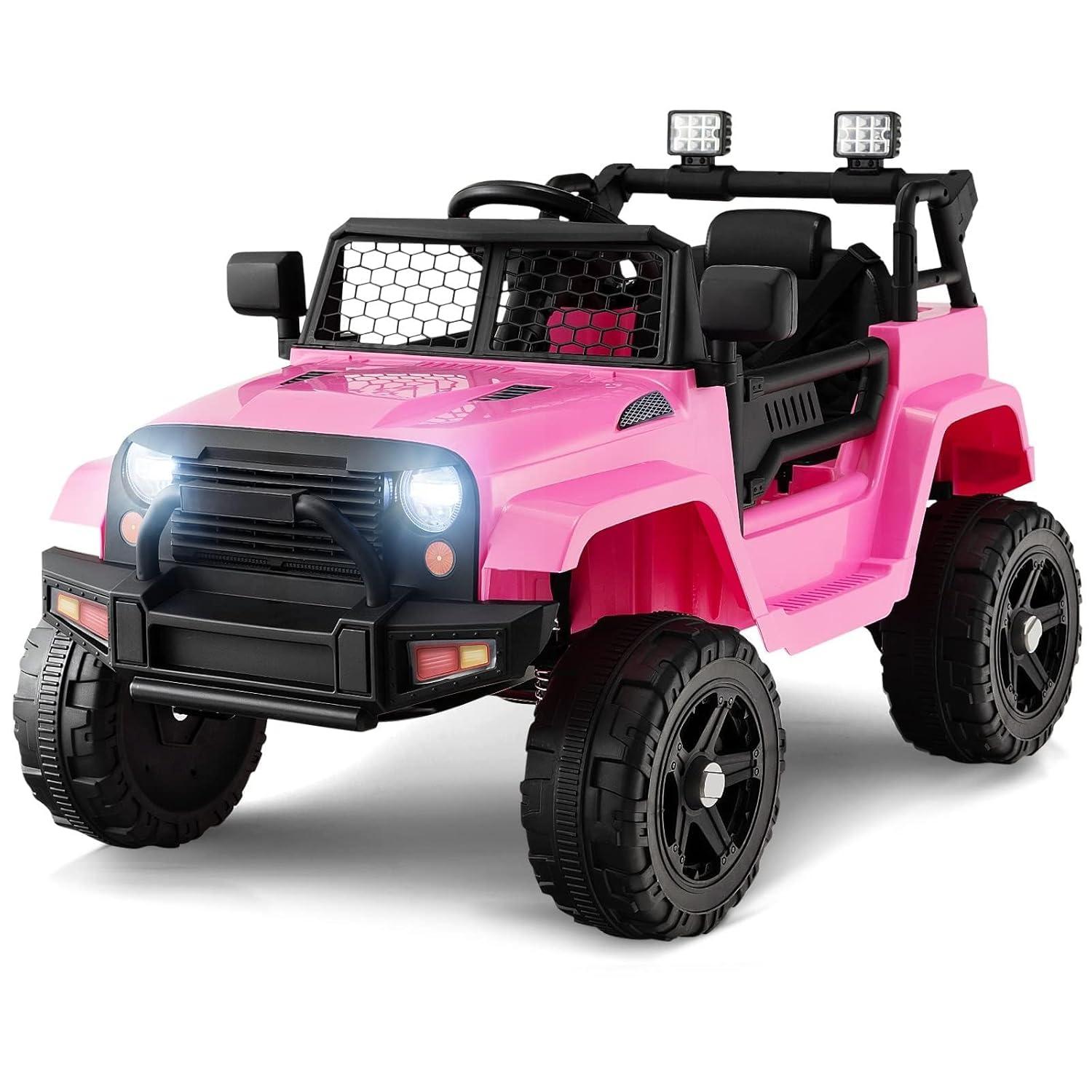 NEILA 12V Kids Ride On Jeep Car Truck Vehicles for Kids Electric Toys Cars with Remote Control Spring Suspension, LED Lights, Bluetooth, 2 Speeds （Pink）