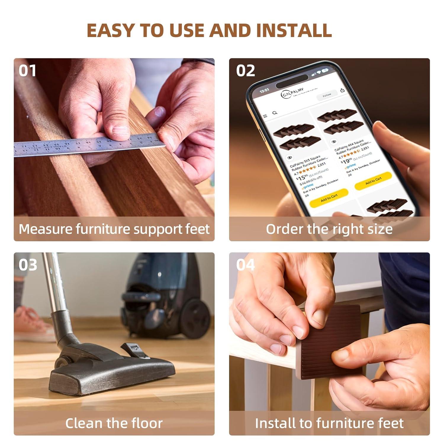 4Pcs Rubber Feet,3x3In Floor Pads for Furniture Legs,Brown Square Rubber Furniture Caster Cups,Ideal Bed Stoppers to Prevent Sliding