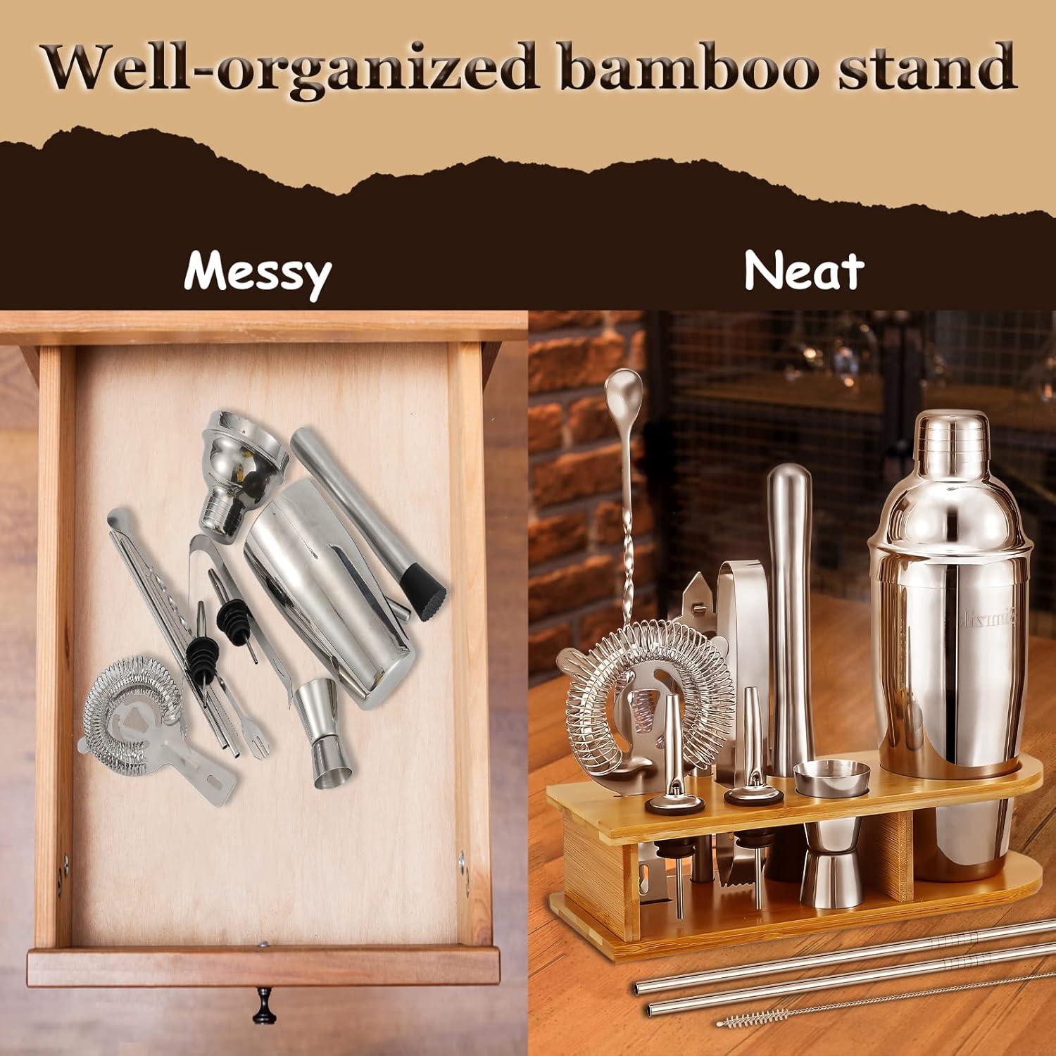 Premium Stainless Steel Bartender Kit with Bamboo Stand