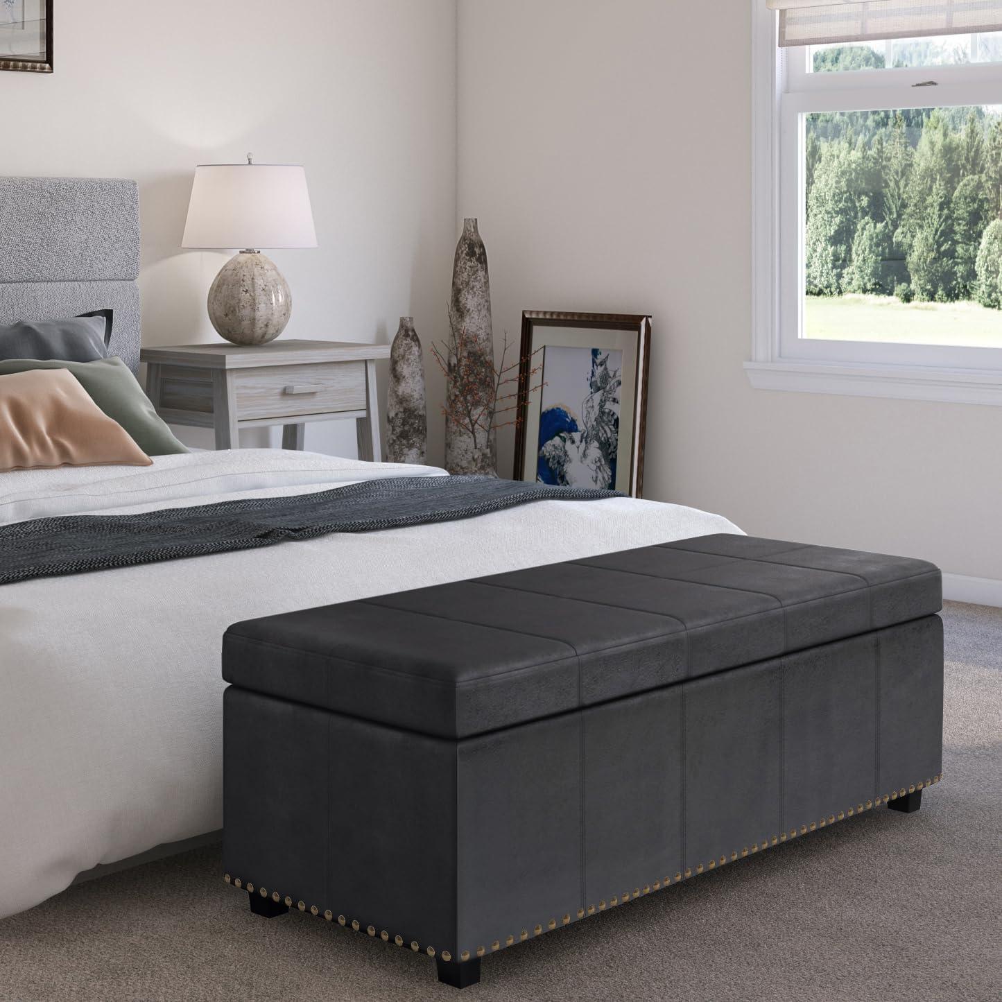 Simpli Home Kingsley 48"W Upholstered Storage Ottoman with Lift-Top Lid, Nailhead Trim, and Stitching Detail