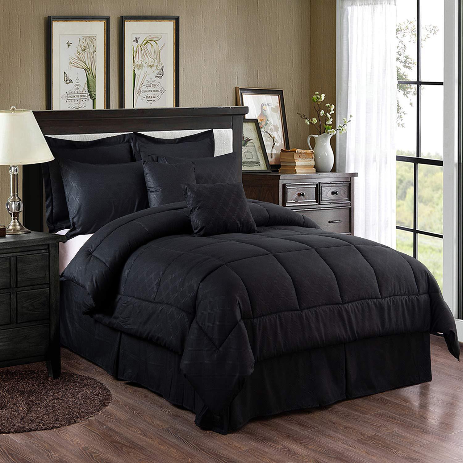 JML Black Queen Comforter Set - 10 Pieces Bedding Set Bed in a Bag with Comforters, Sheets, Bed Skirt, Decorative Pillows, Pillowcases & Shams