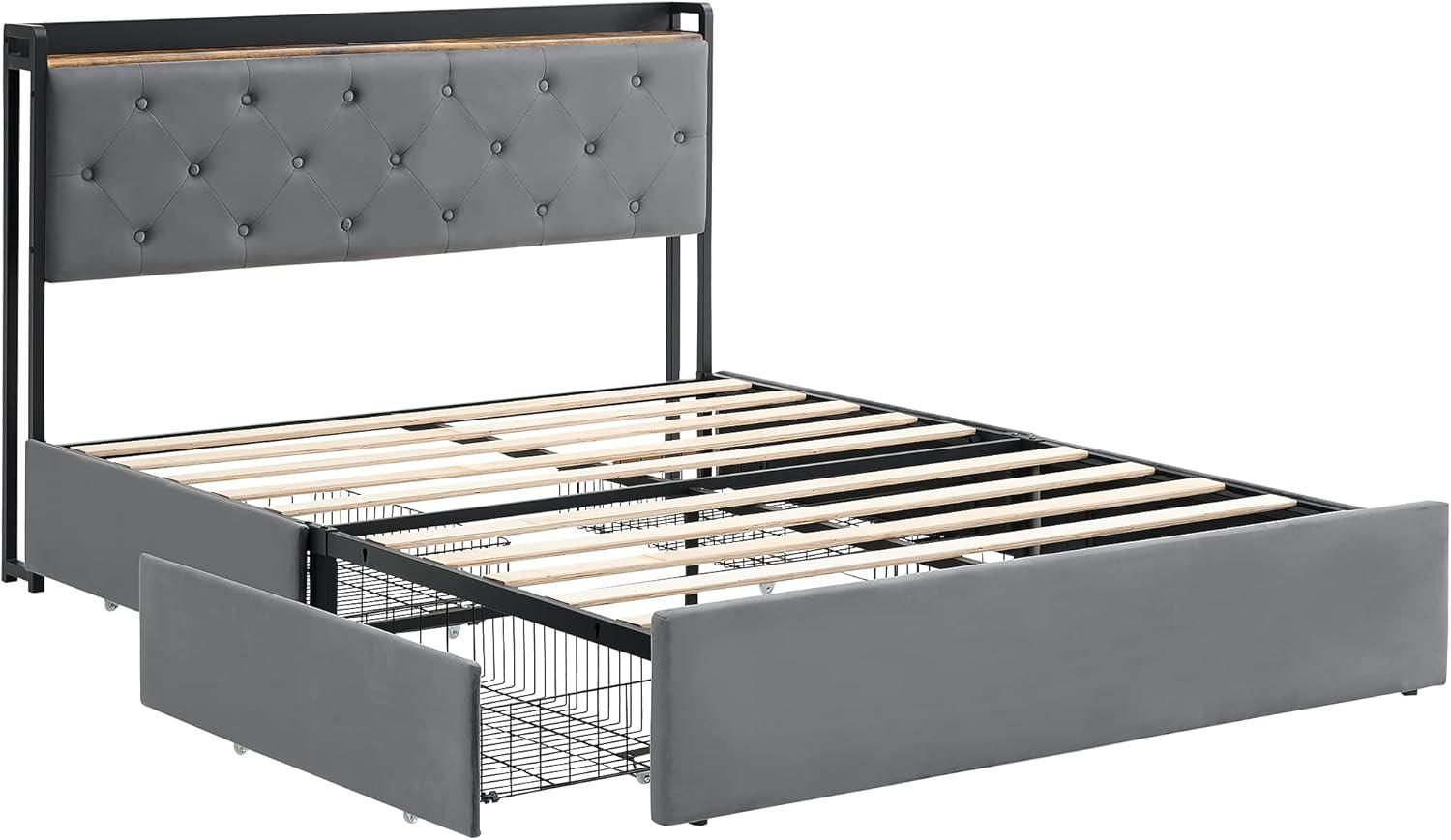 GarveeHome Full Size Bed Frame with 4 Storage Drawers and Charging Station, Upholstered Velvet Platform Bed Frame with Storage Headboard and Sturdy Wooden Slats Support, No Box Spring Needed