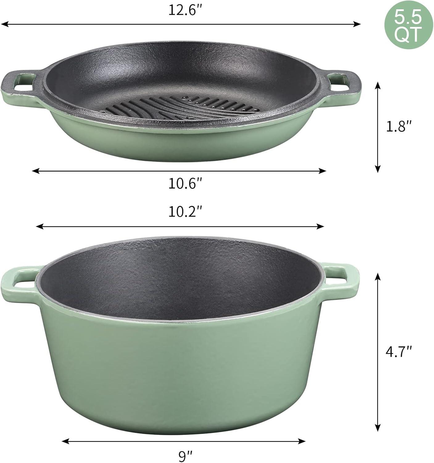 5.5 Quart Gray Green Enameled Cast Iron Dutch Oven with Skillet Lid