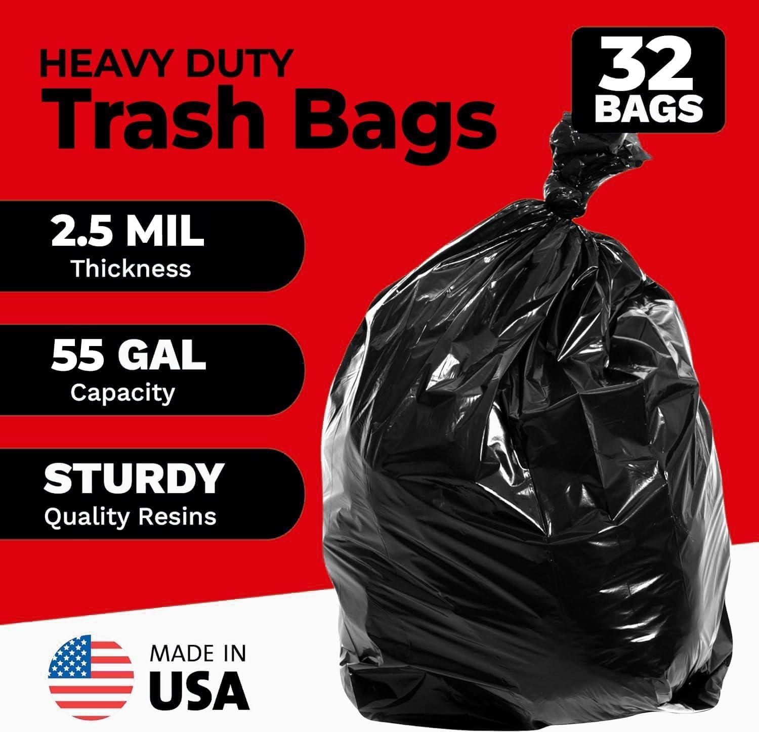 ToughBag 55 Gallon Trash Bags, 2.5 Mil Contractor Bags, 32 Count - Made in USA
