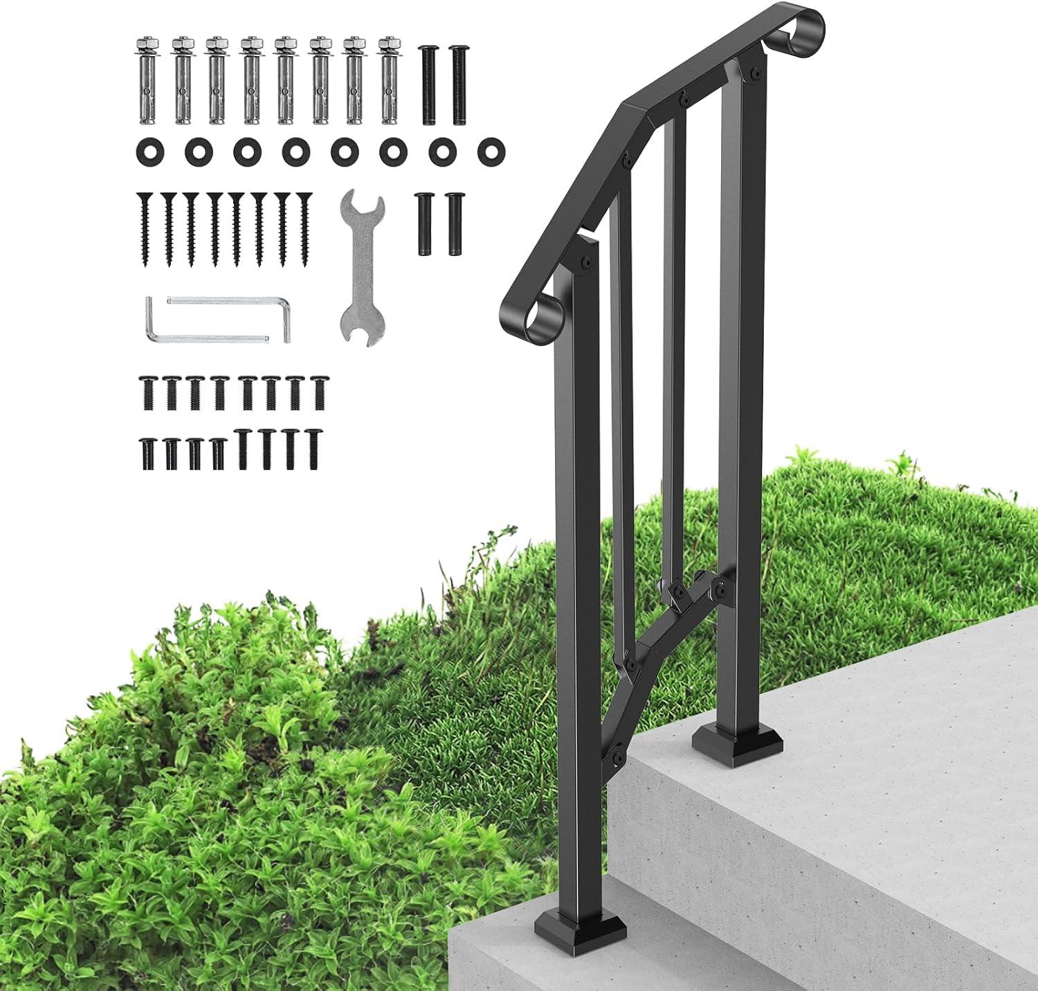 VEVOR Handrails for Outdoor Steps, 2 PCS 2-3 Step Stair Hand Rail Kit, Transitional Carbon Steel Railings with Installation Kit, Stair Rails for Seniors, Concrete & Porch & Deck, Black Square Tube
