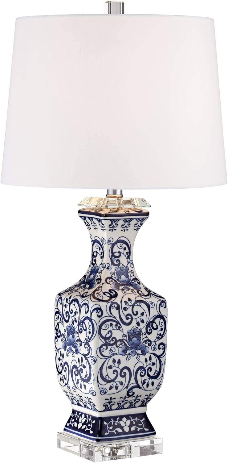 Barnes and Ivy Iris Asian Table Lamp 28" Tall Porcelain Blue Floral Jar Geneva White Drum Shade for Bedroom Living Room Bedside Nightstand Office Kids