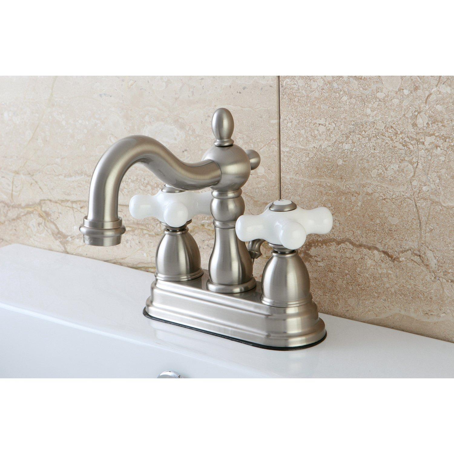 Kingston Brass Heritage Two-Handle 3-Hole Deck Mount 4" Centerset Bathroom Faucet with Plastic Pop-Up