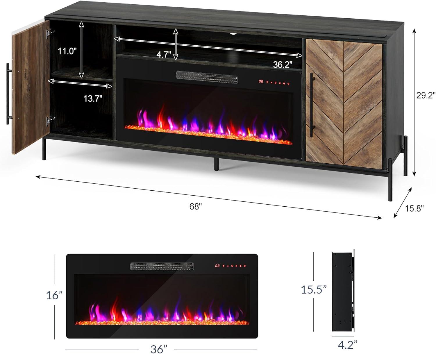 SHAORONG 68" TV Stand with 36" Electric Fireplace Heater, Entertainment Center with Storage Cabinet, Console Table for TVs up to 75" for Living Room, Bedroom - Harper (Black Ebony)