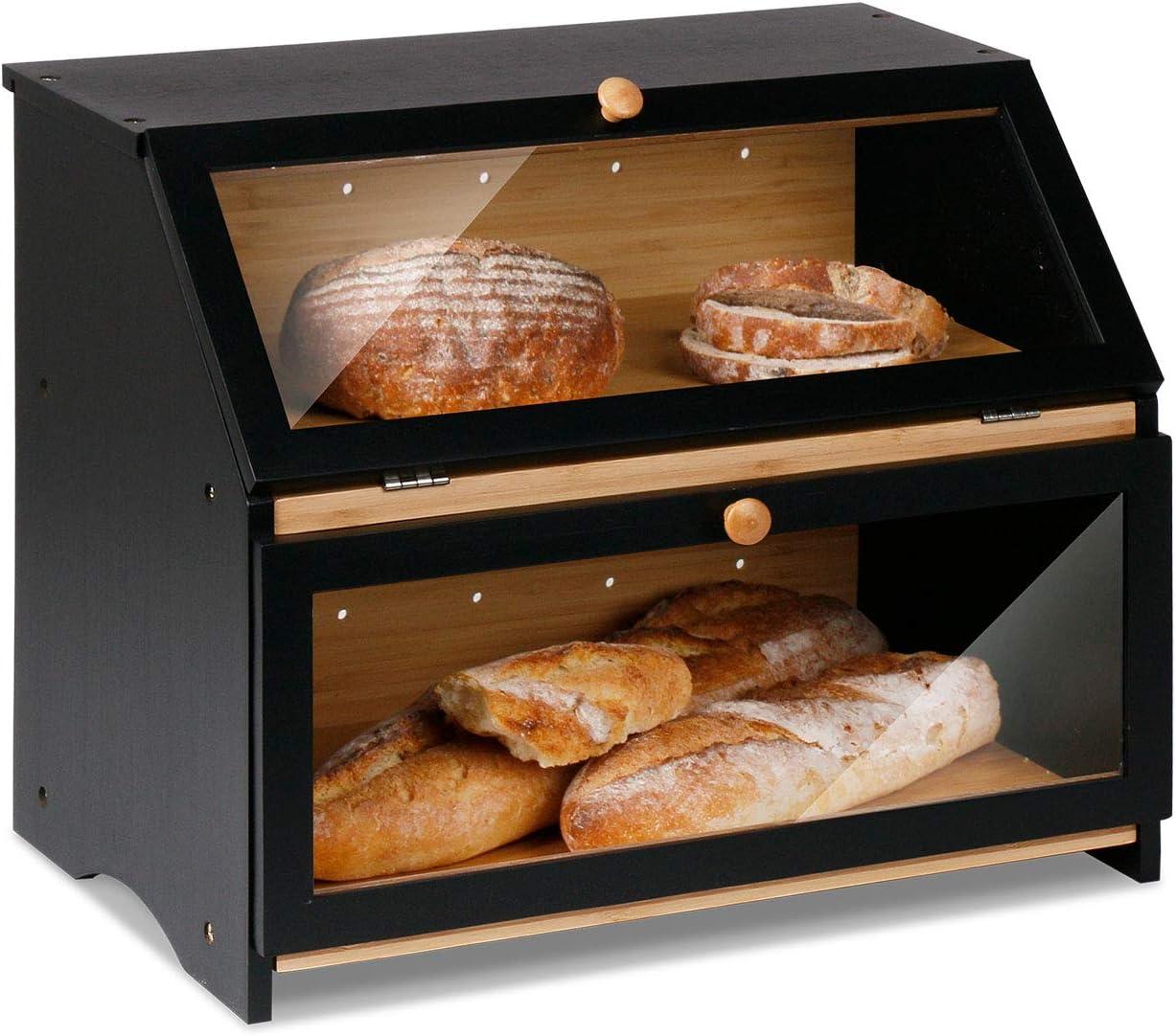 hghfhj   HOMEKOKO Double Layer Large Bread Box for Kitchen Counter  Wooden Large Capacity Bread Storage Bin (Black)