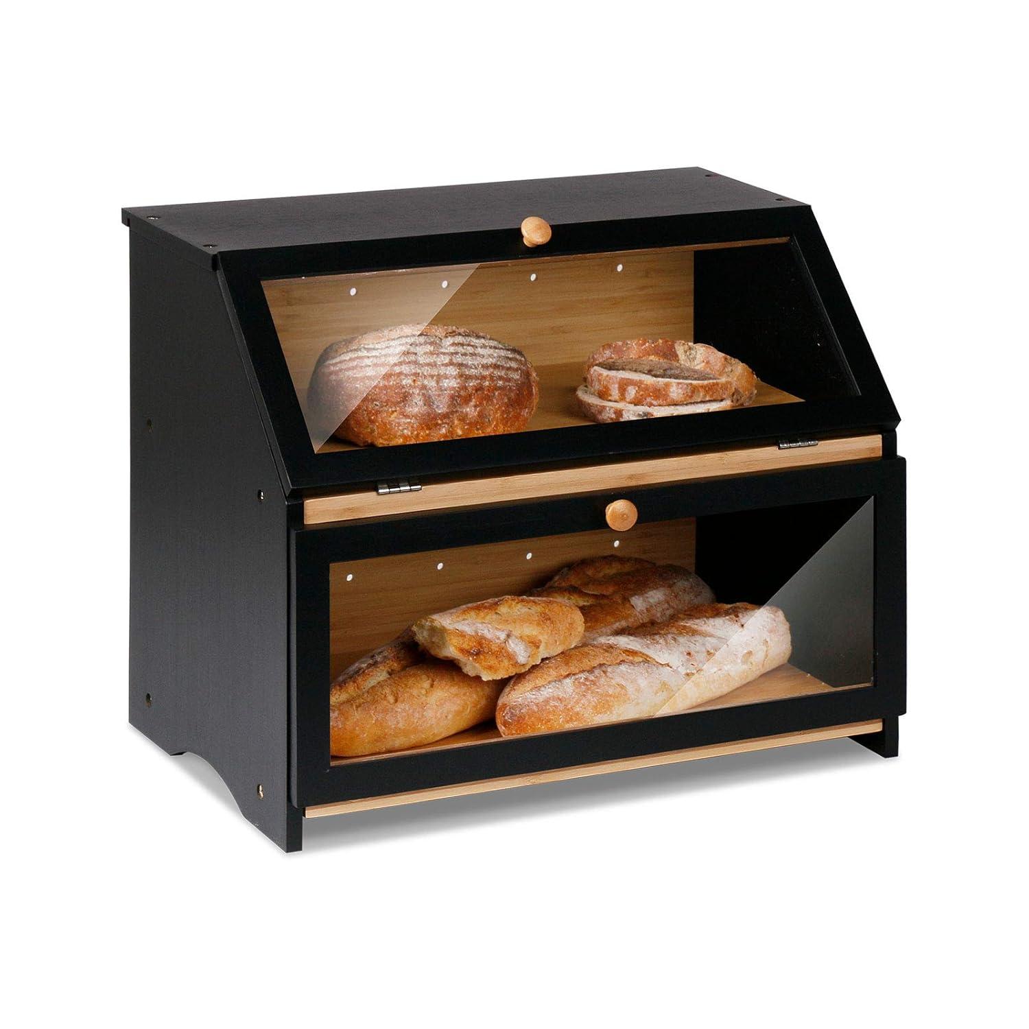 Bamboo Bread Container for Countertop, Double Layer Bread Storage with Acrylic Door Panel, Wooden Large Capacity Storage Bins for Kitchen Pantry Cupboard(Black)