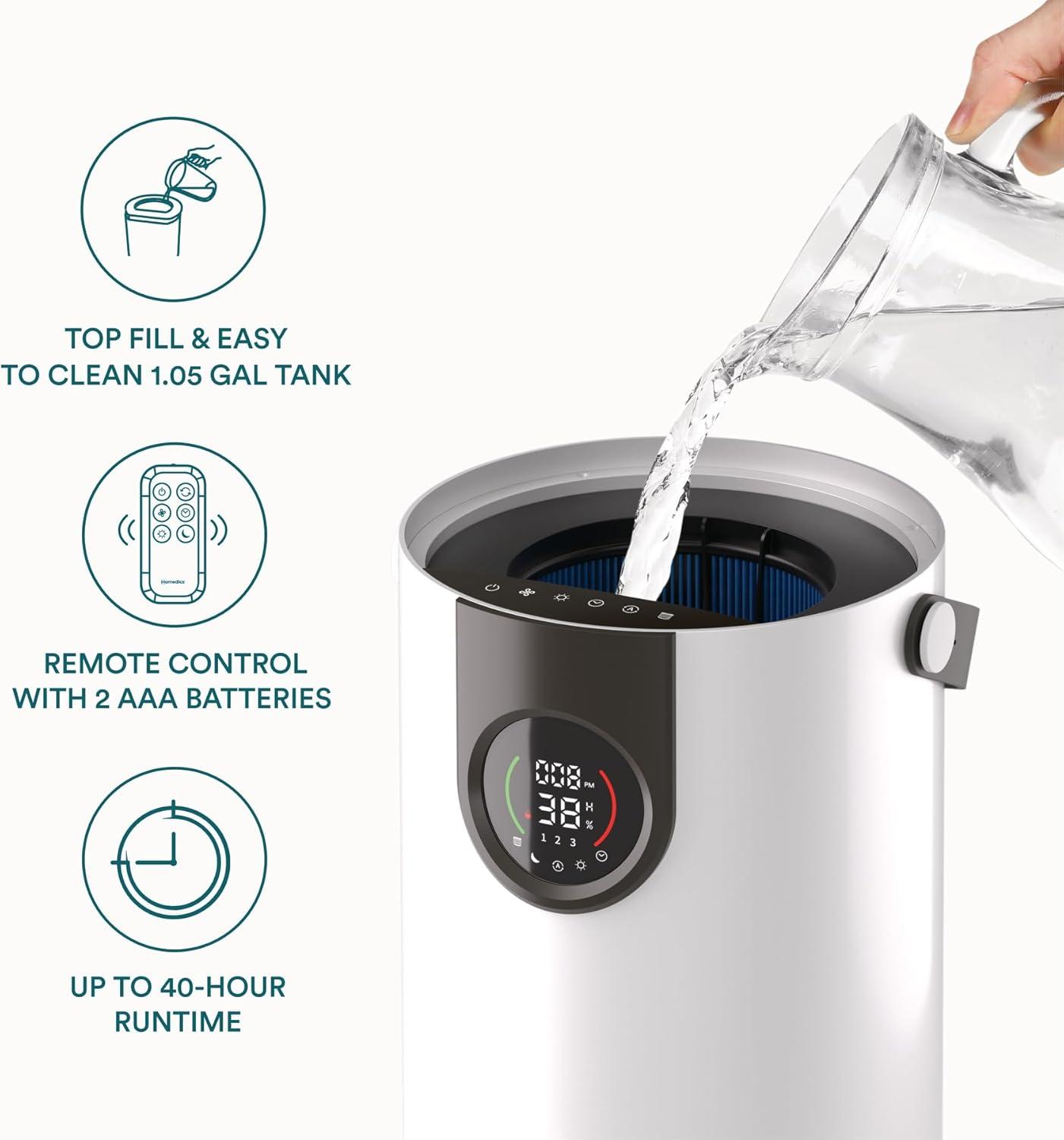 Homedics® 2-in-1 Air Purifier & Humidifier, with Digital Particle Sensor, Color-Coded Indoor Air quality