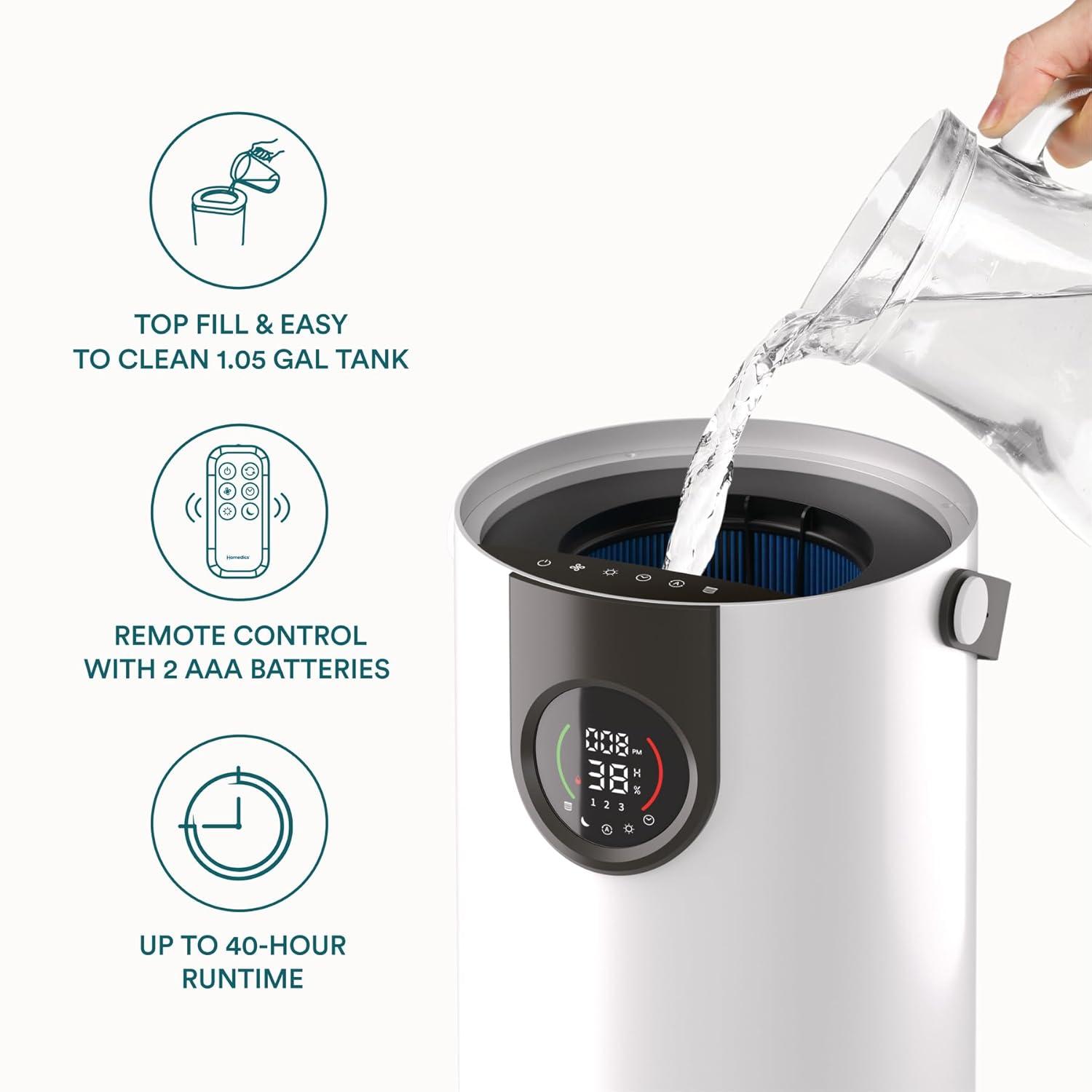 Homedics® 2-in-1 Air Purifier & Humidifier, with Digital Particle Sensor, Color-Coded Indoor Air quality