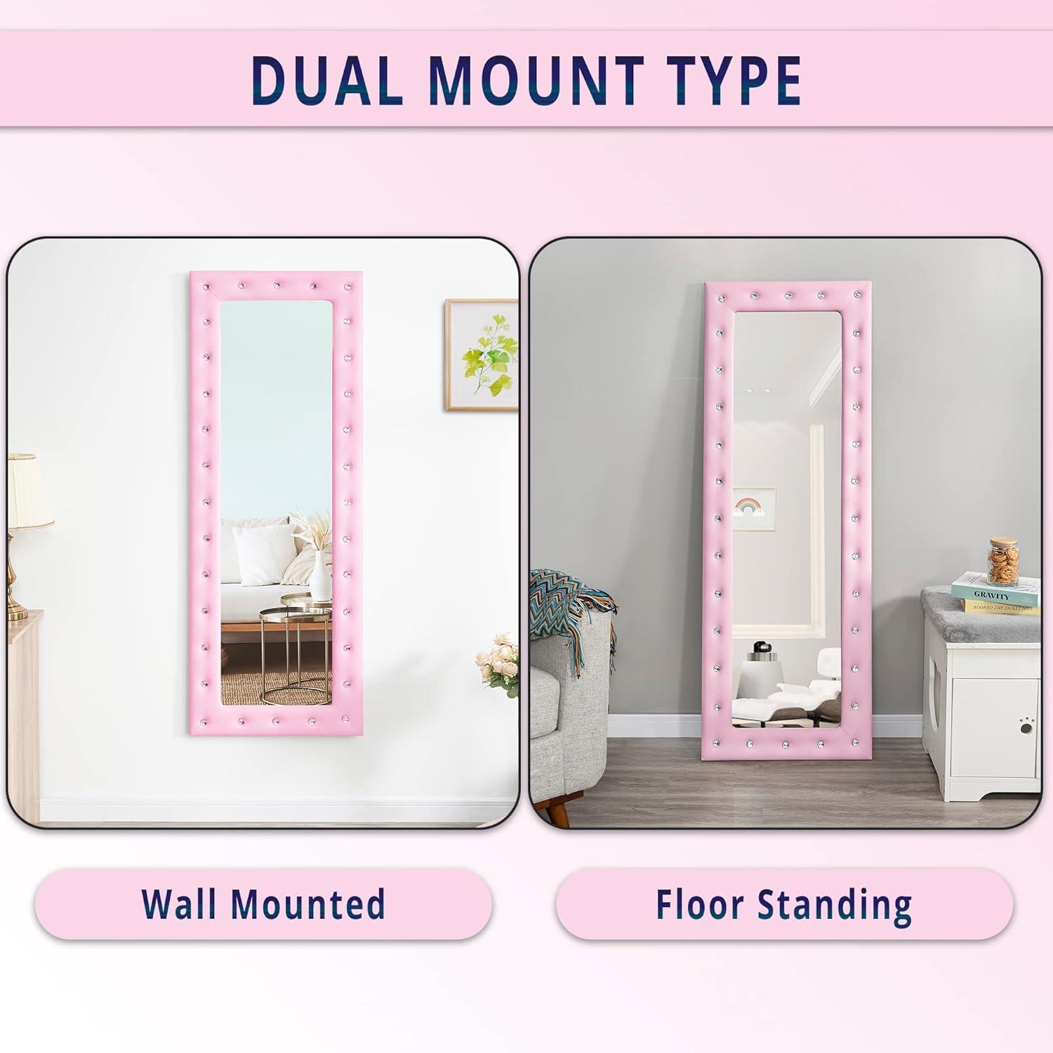 Naomi Home Crystal Tufted Floor Mirror Full Length 63 LX22 W Wall Mirror Full Length Standing Wall with Faux Wood Frame Mirrors for Bedroom - Pink