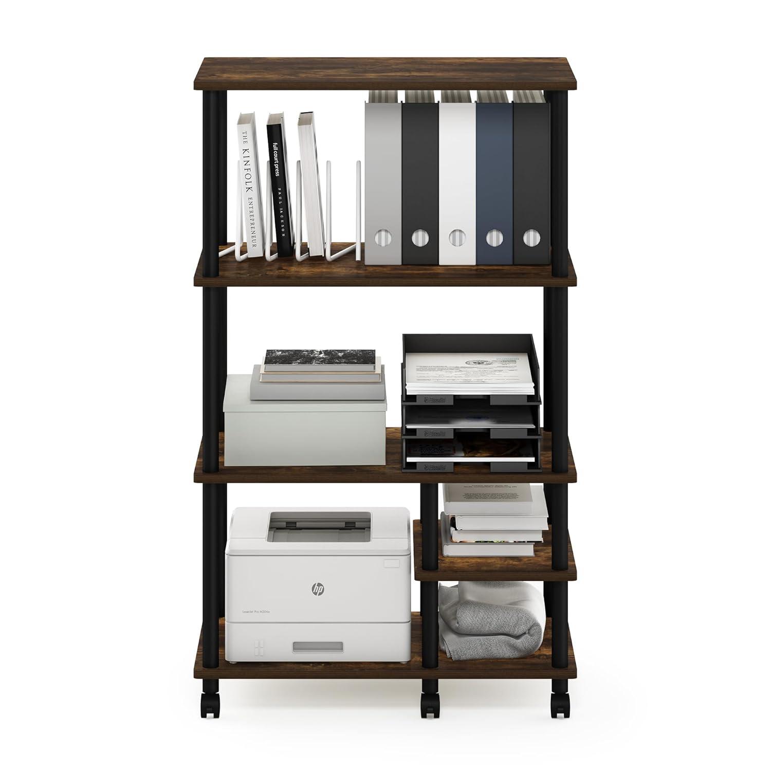 Furinno Turn-N-Tube 4-Tier Toolless Multipurpose Printer Stand Display Storage Shelf with Wheels, Amber Pine/Black