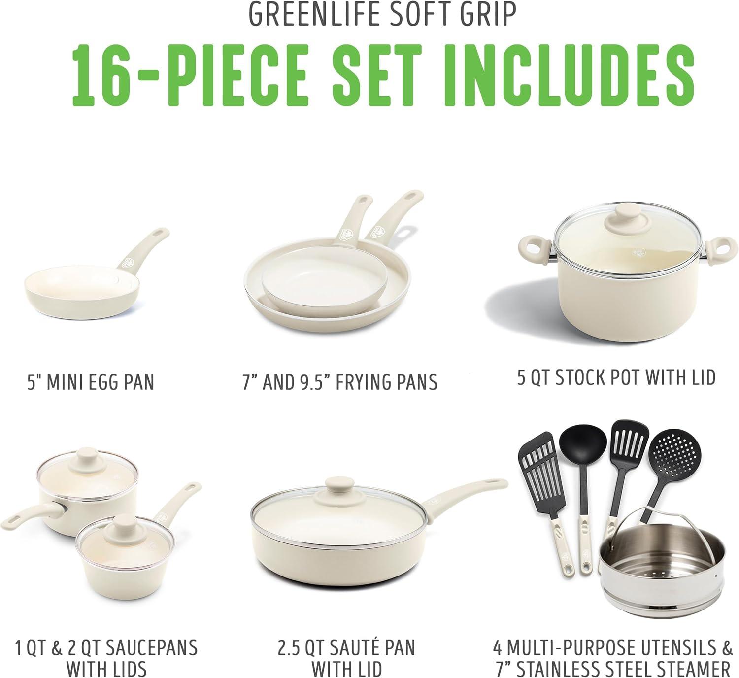 Soft Grip 16-Piece Aluminum Healthy Ceramic Nonstick Cookware Set in Cream
