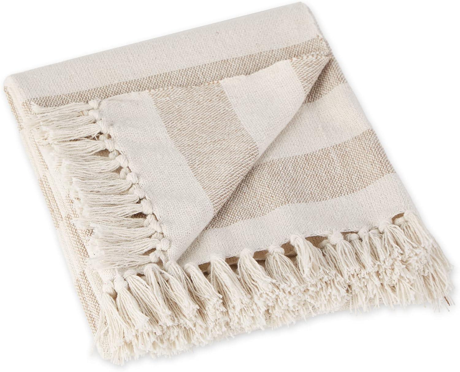 Beige and Off-White Cotton Striped Throw Blanket with Fringe