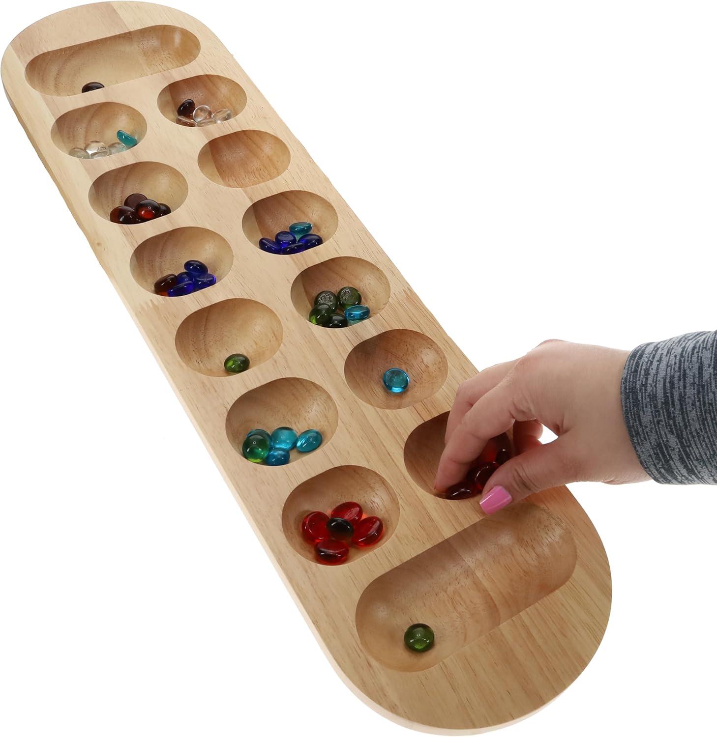 WE Games Mancala Board Game - 22 in., Solid Natural Wood Board and Glass Stones