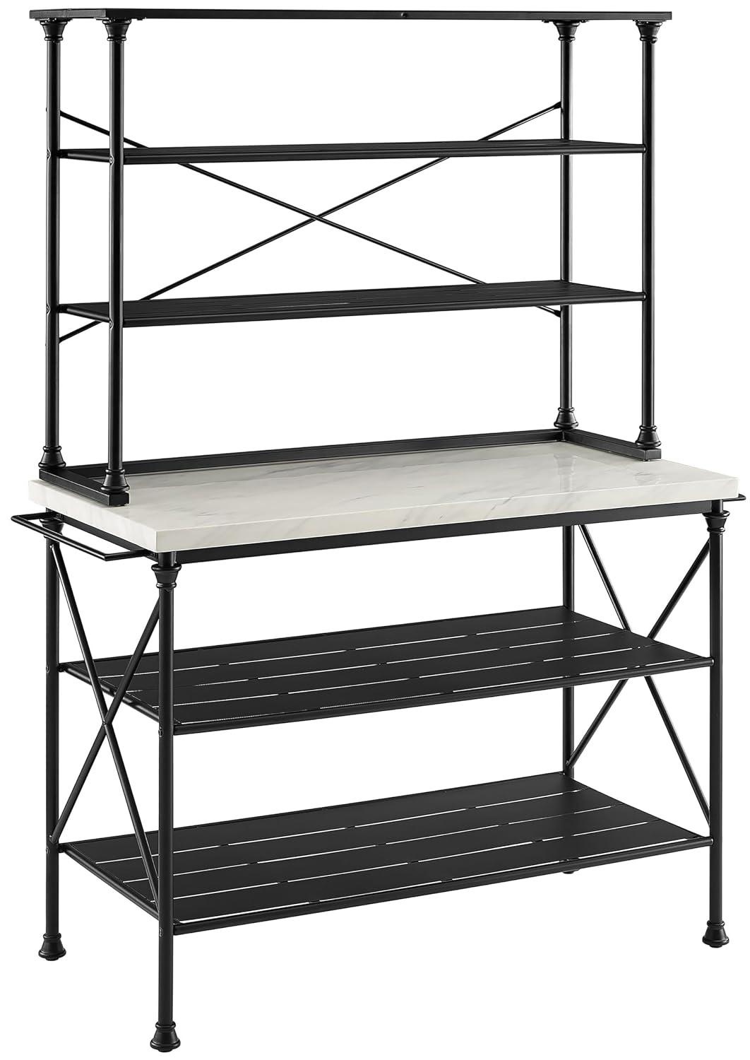 Madeleine Kitchen Island and Hutch Matte Black - Crosley: Veneer Surface, Metal Frame, 6 Open Shelves
