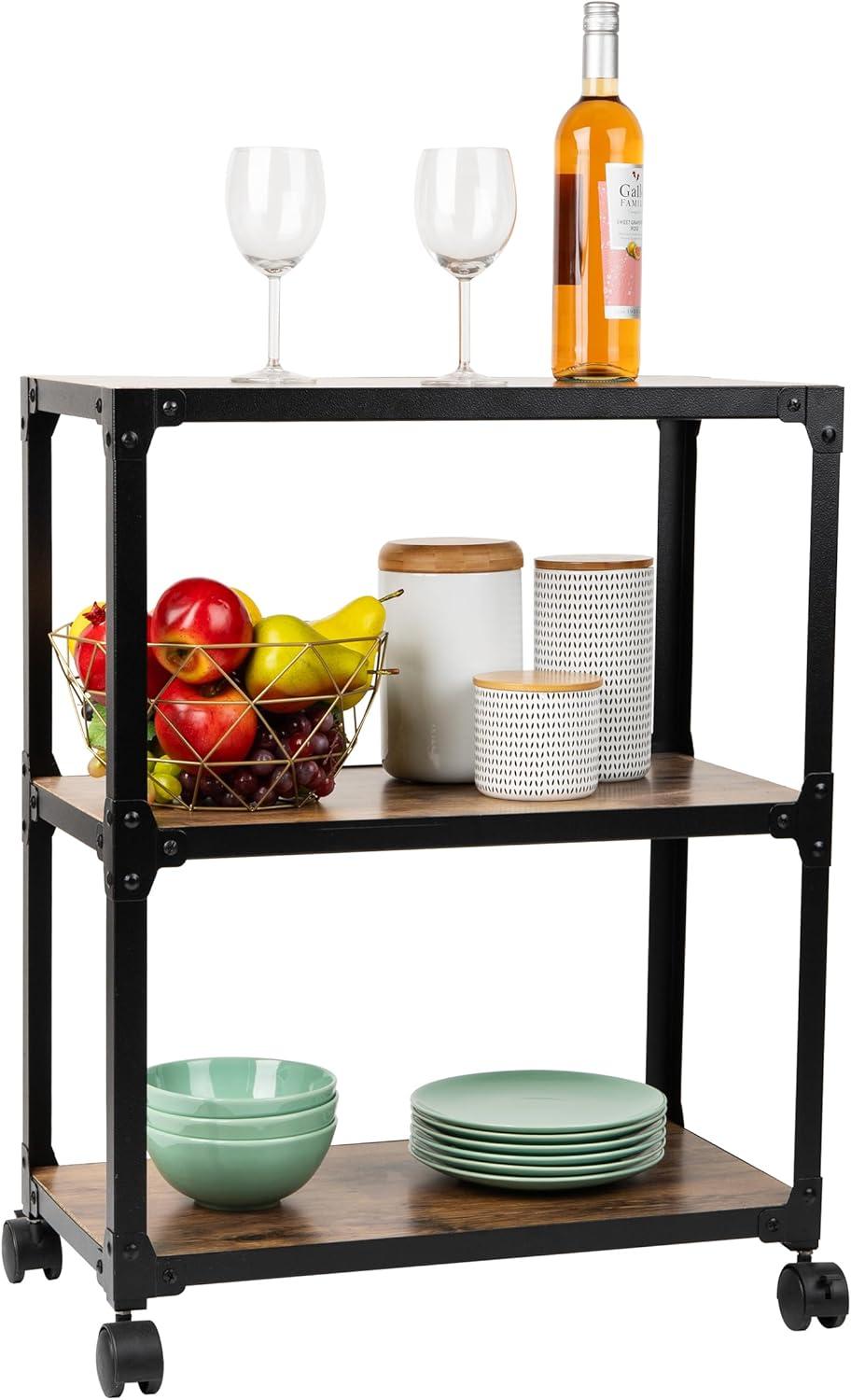 Mind Reader 3-Tier Rolling Bar Cart, Microwave Stand, Wood Metal, 29.5"H, Brown