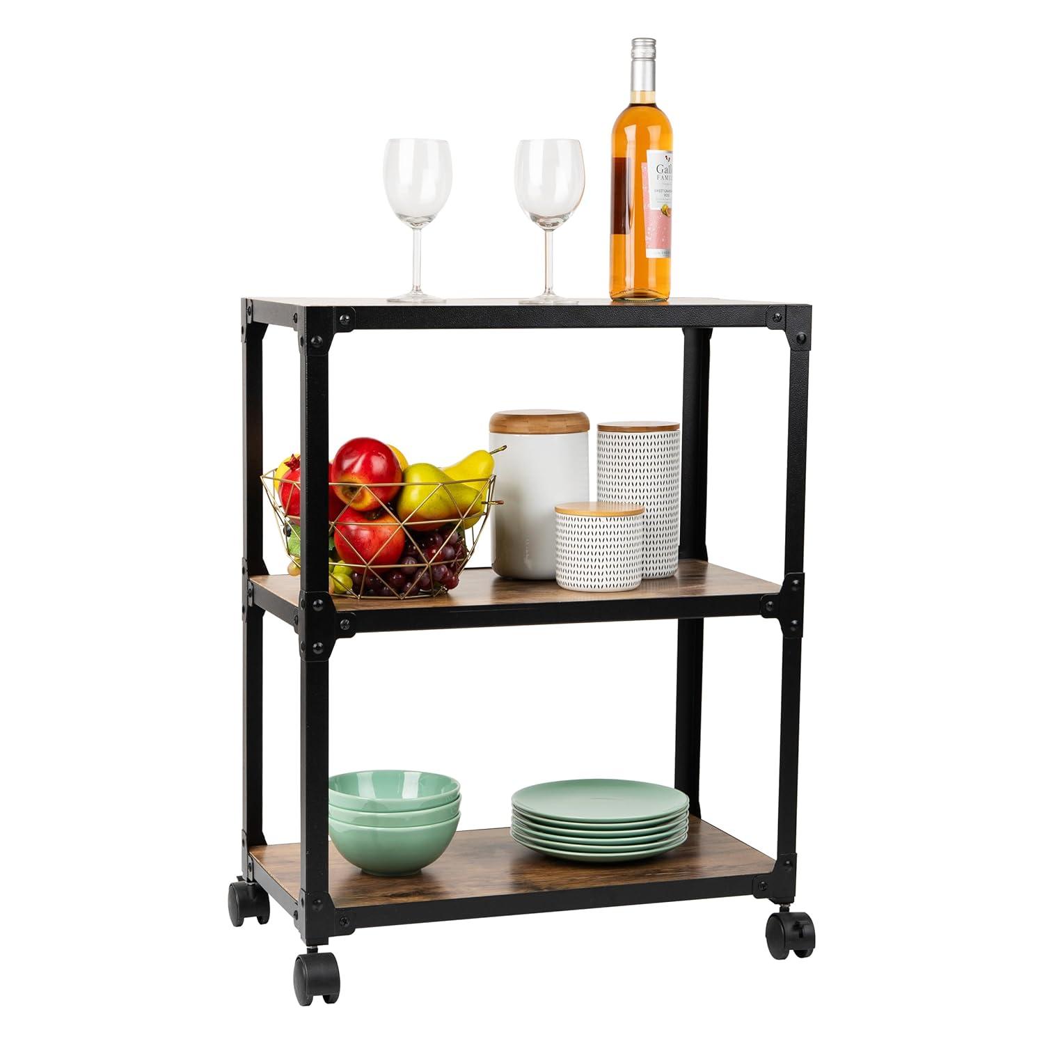 Mind Reader 3-Tier Rolling Bar Cart, Microwave Stand, Wood Metal, 29.5"H, Brown