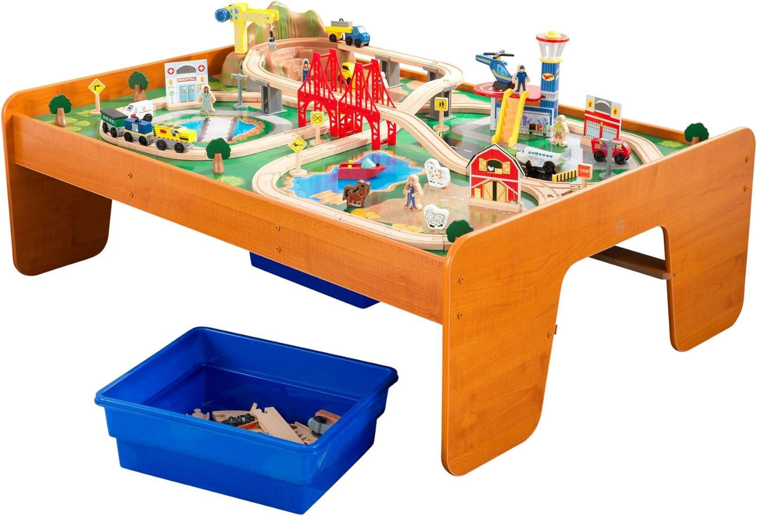 Ride Around Town Wooden Train Set with Table and 100 Pieces