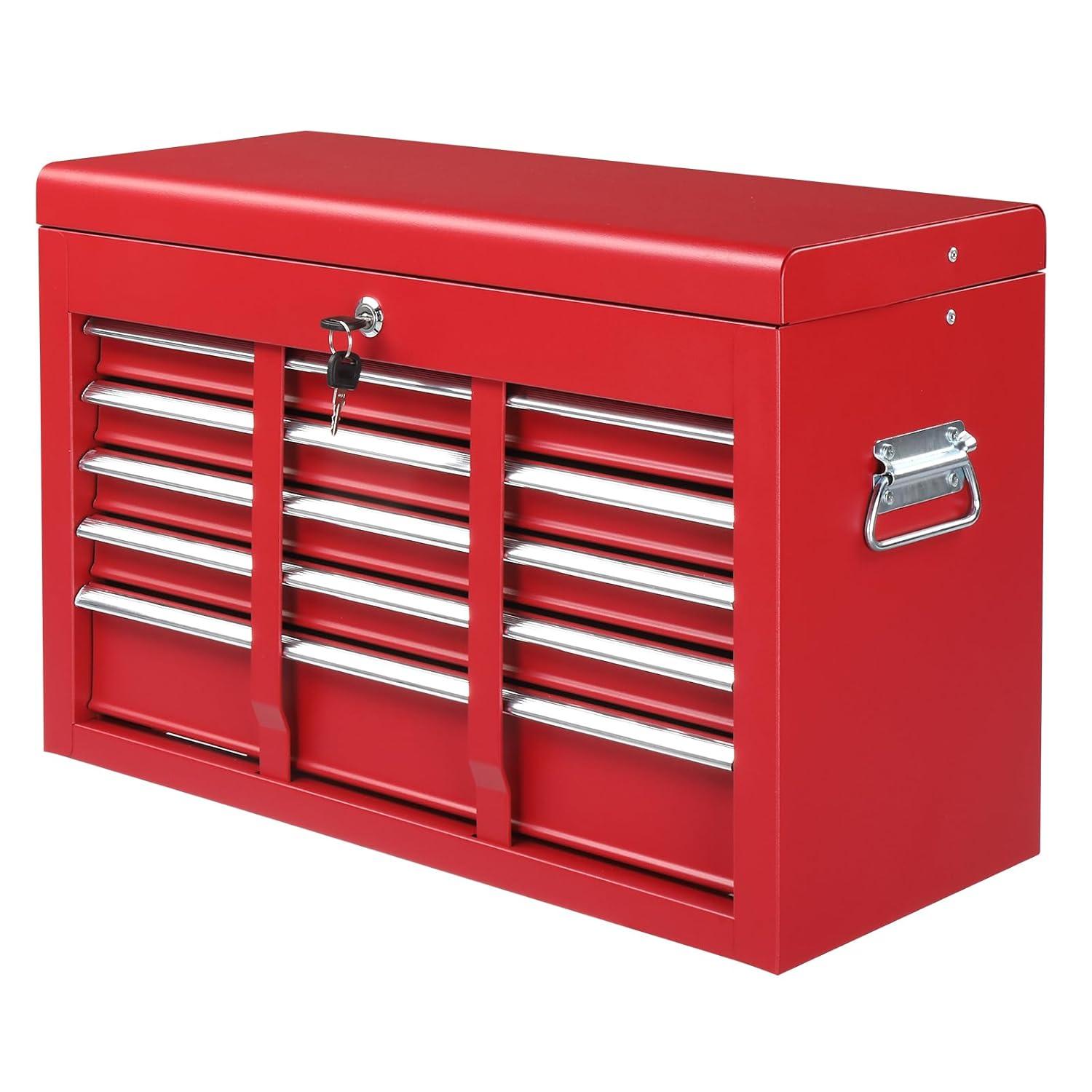 INDSUMOT 24" Portable Tool Box, 5 Drawers & Top Storage Tray Tool Box with Drawers, Lockable Metal Tool Chest Cabinet for Garage, Warehouse, Repair Shop & Home, Red