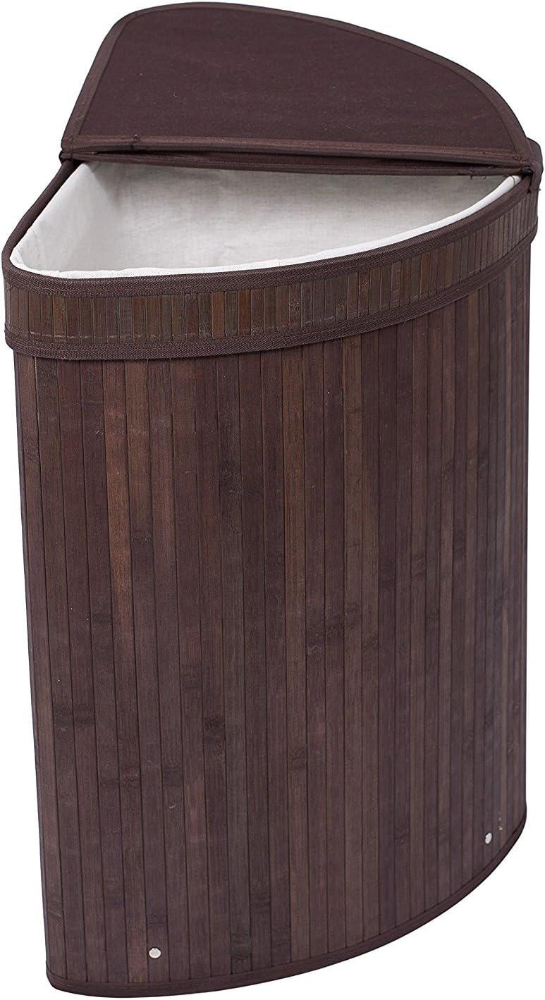 Espresso Bamboo Corner Laundry Hamper with Lid and Cloth Liner
