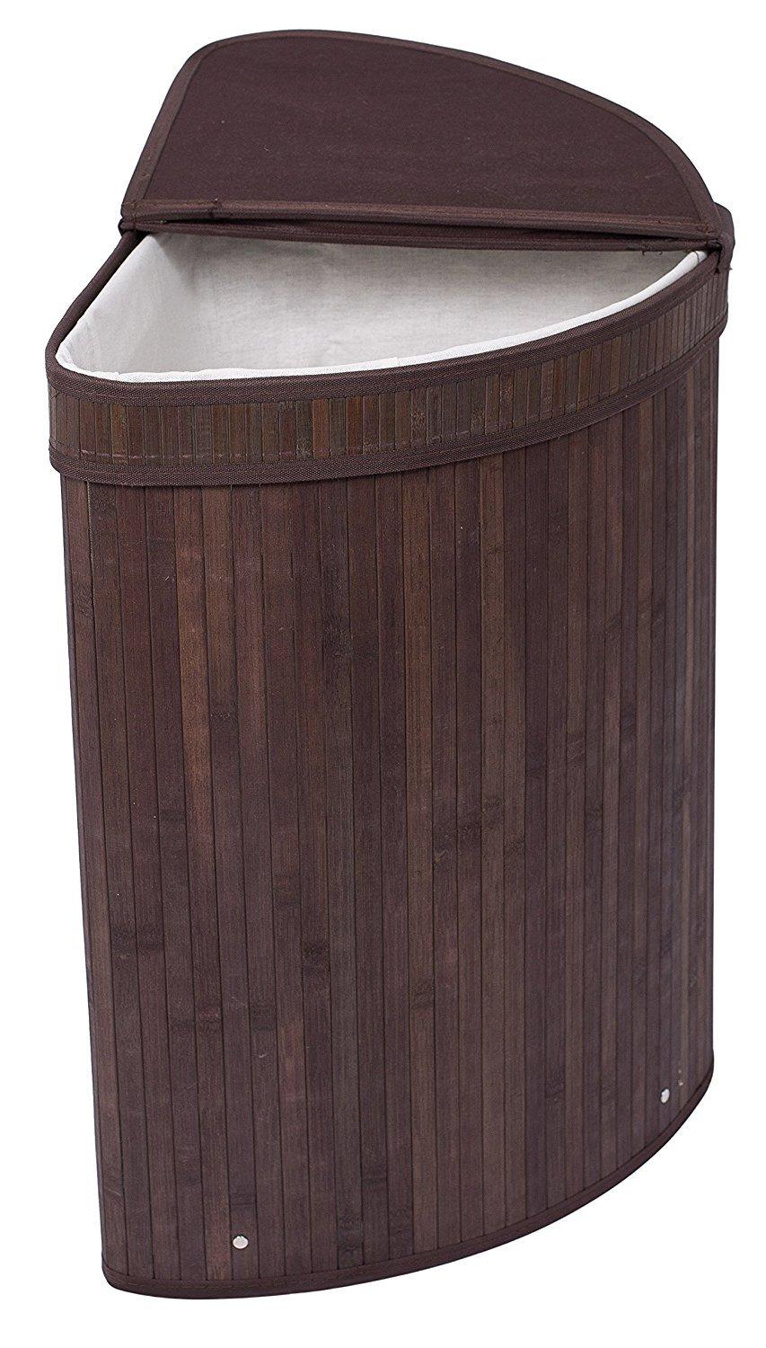 Espresso Bamboo Corner Laundry Hamper with Lid and Cloth Liner