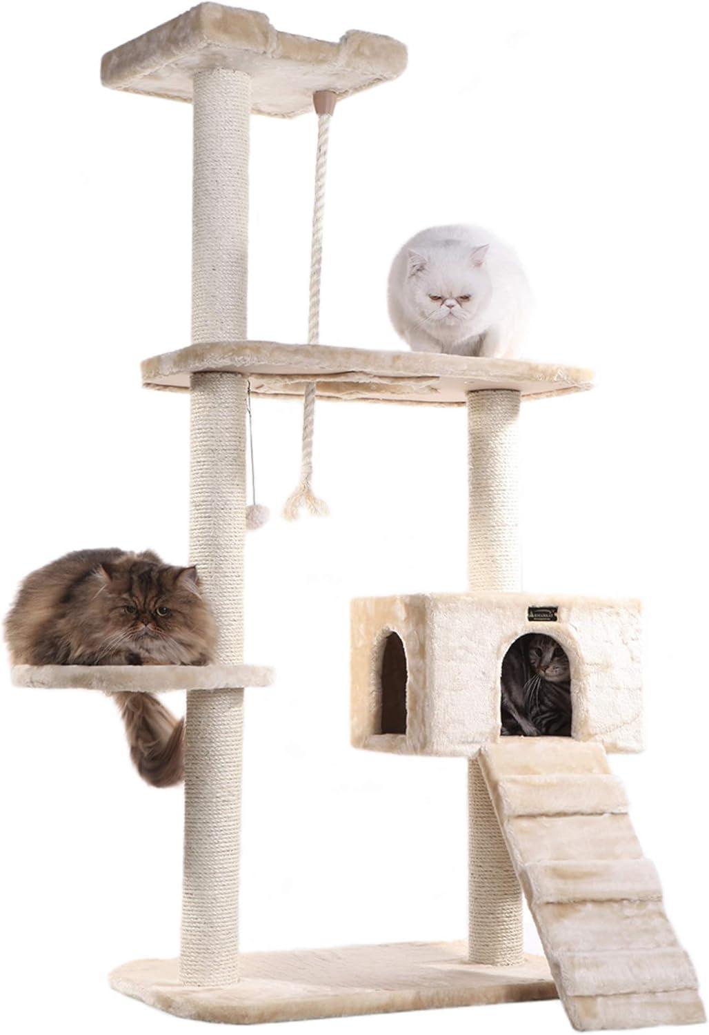 Beige Freestanding Sisal Cat Tree with Condo and Perches